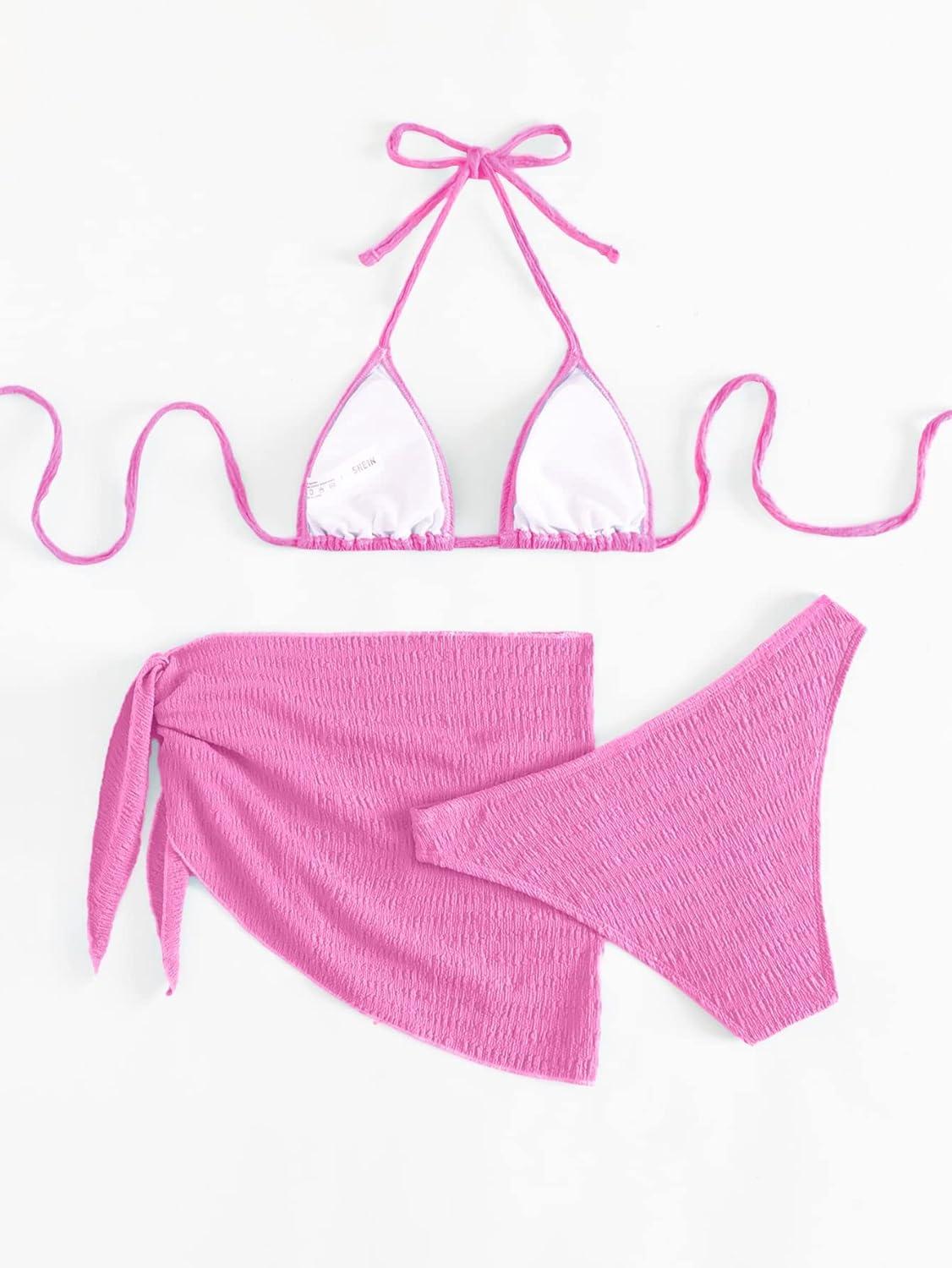 imageSHENHE Womens 3 Piece Textured High Cut Halter Triangle Bikini Swimsuit with Cover UpPink