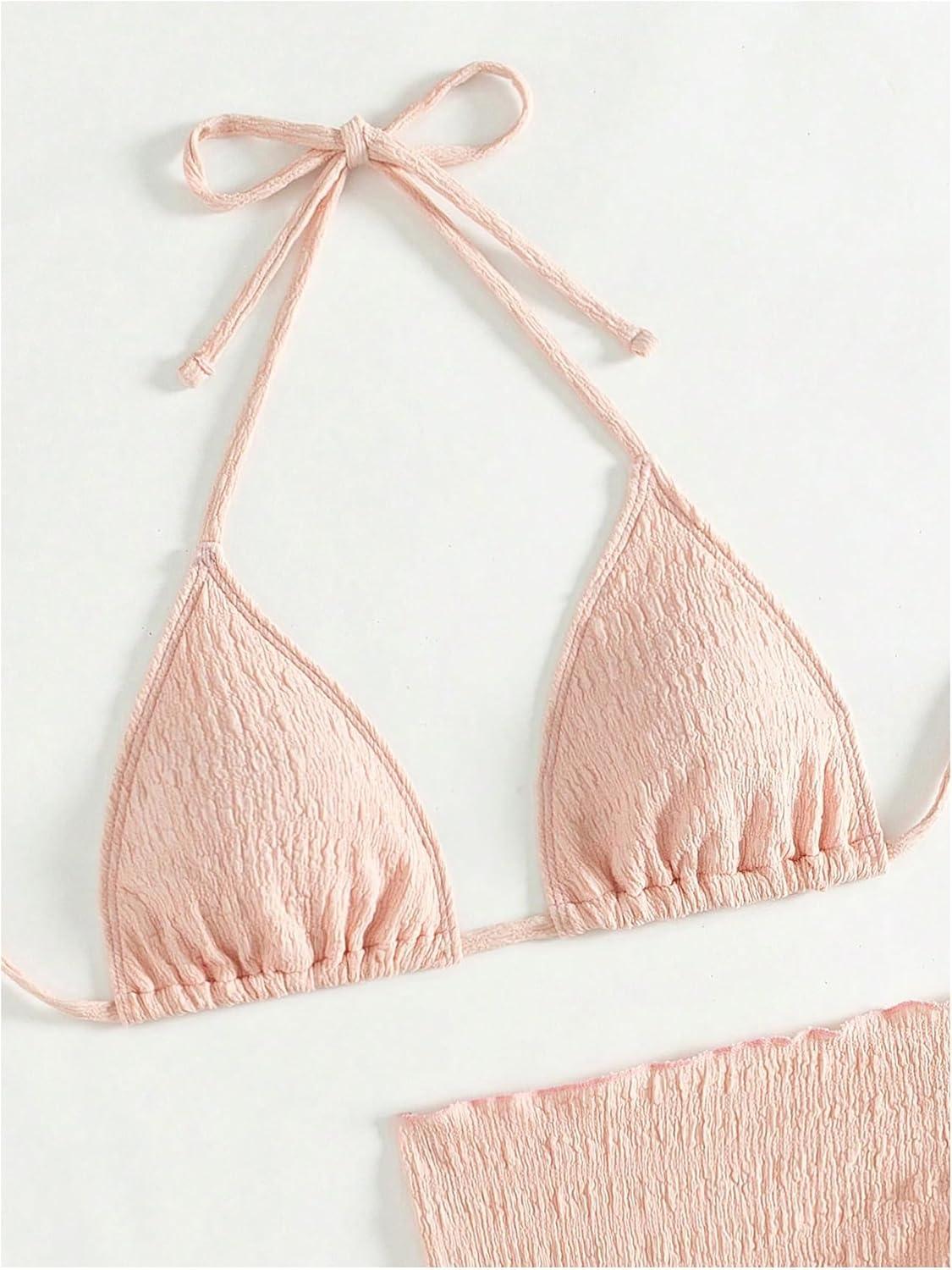 imageSHENHE Womens 3 Piece Textured High Cut Halter Triangle Bikini Swimsuit with Cover UpPink a