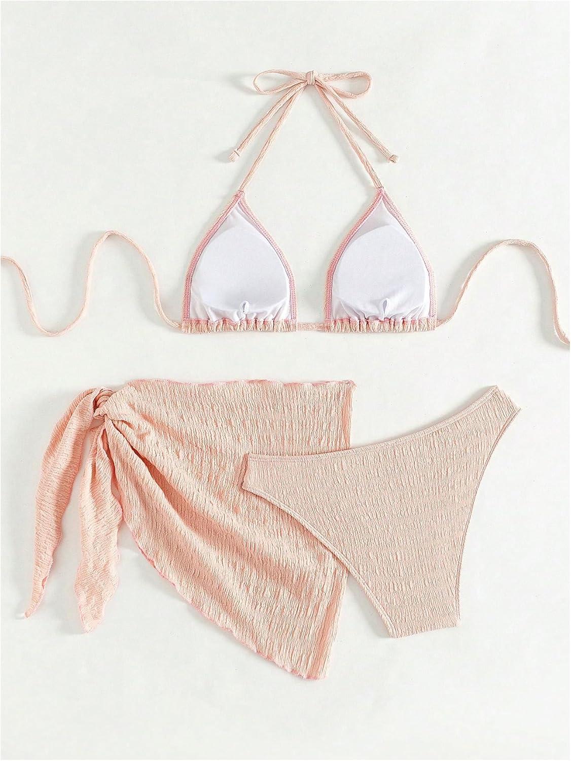 imageSHENHE Womens 3 Piece Textured High Cut Halter Triangle Bikini Swimsuit with Cover UpPink a