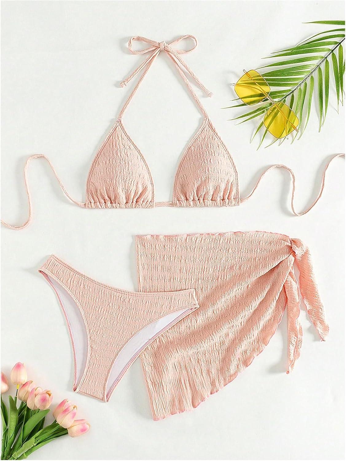imageSHENHE Womens 3 Piece Textured High Cut Halter Triangle Bikini Swimsuit with Cover UpPink a