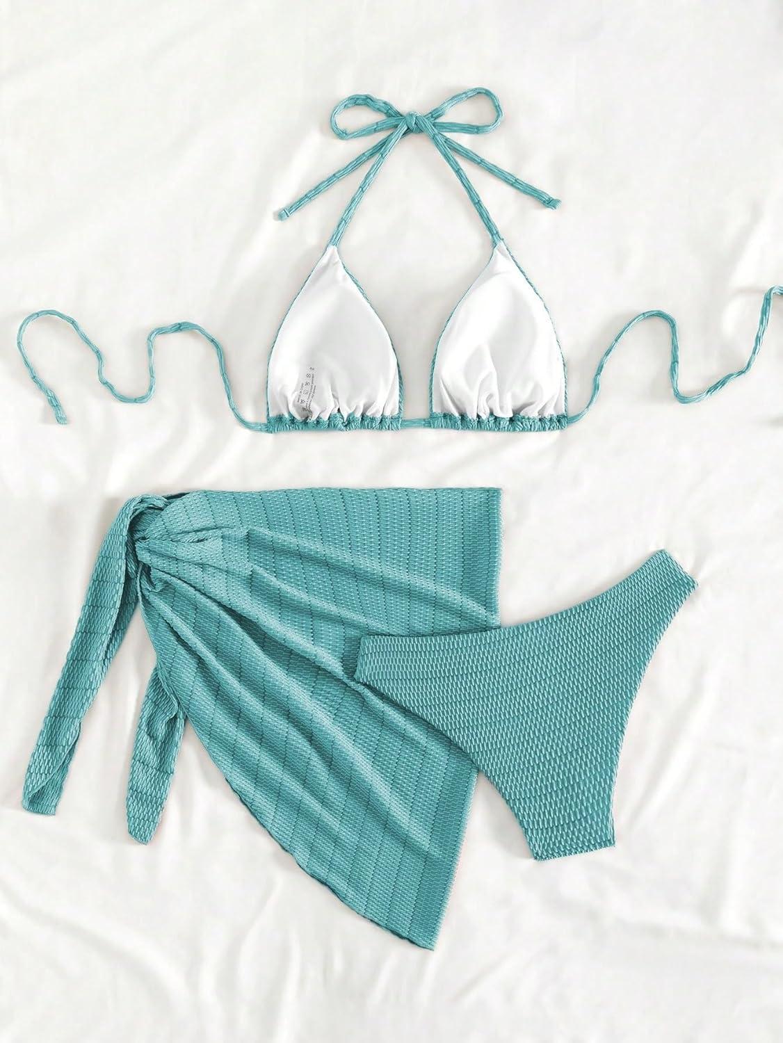 imageSHENHE Womens 3 Piece Textured High Cut Halter Triangle Bikini Swimsuit with Cover UpPlain Blue
