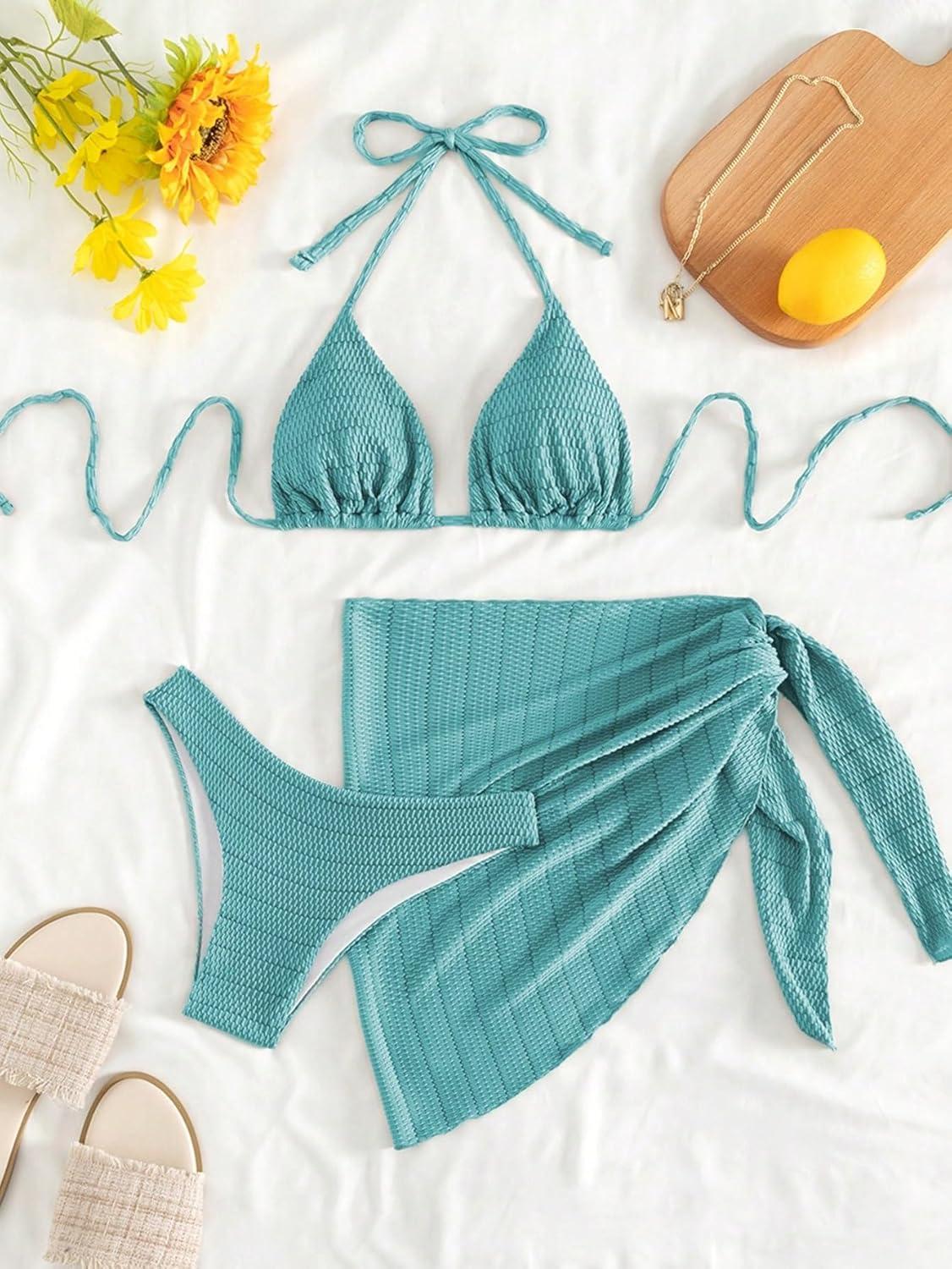 imageSHENHE Womens 3 Piece Textured High Cut Halter Triangle Bikini Swimsuit with Cover UpPlain Blue