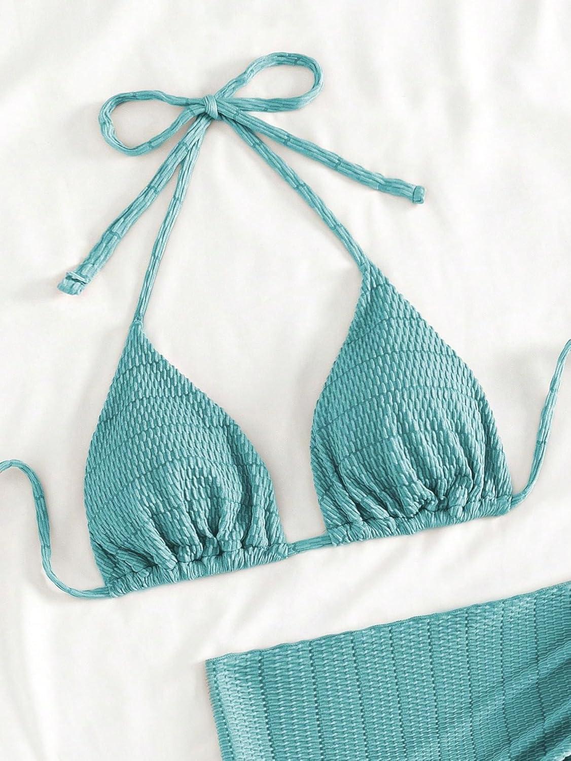 imageSHENHE Womens 3 Piece Textured High Cut Halter Triangle Bikini Swimsuit with Cover UpPlain Blue