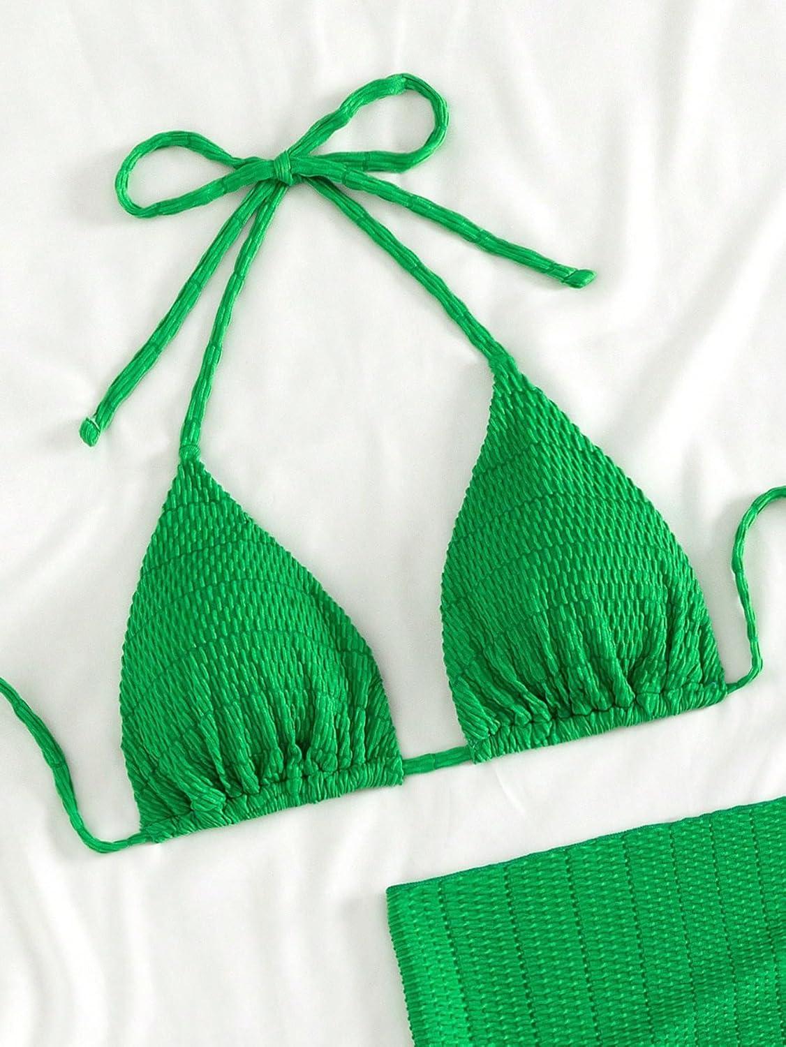 imageSHENHE Womens 3 Piece Textured High Cut Halter Triangle Bikini Swimsuit with Cover UpPlain Green