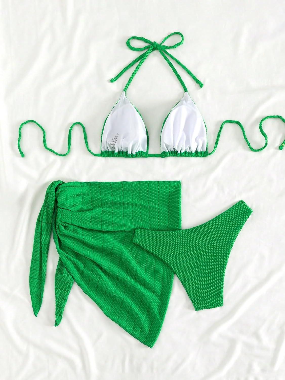 imageSHENHE Womens 3 Piece Textured High Cut Halter Triangle Bikini Swimsuit with Cover UpPlain Green