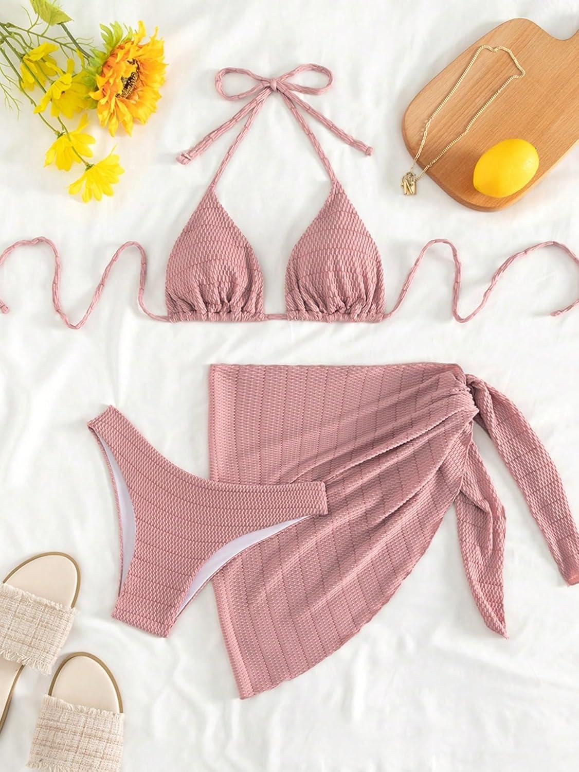 imageSHENHE Womens 3 Piece Textured High Cut Halter Triangle Bikini Swimsuit with Cover UpPlain Pink