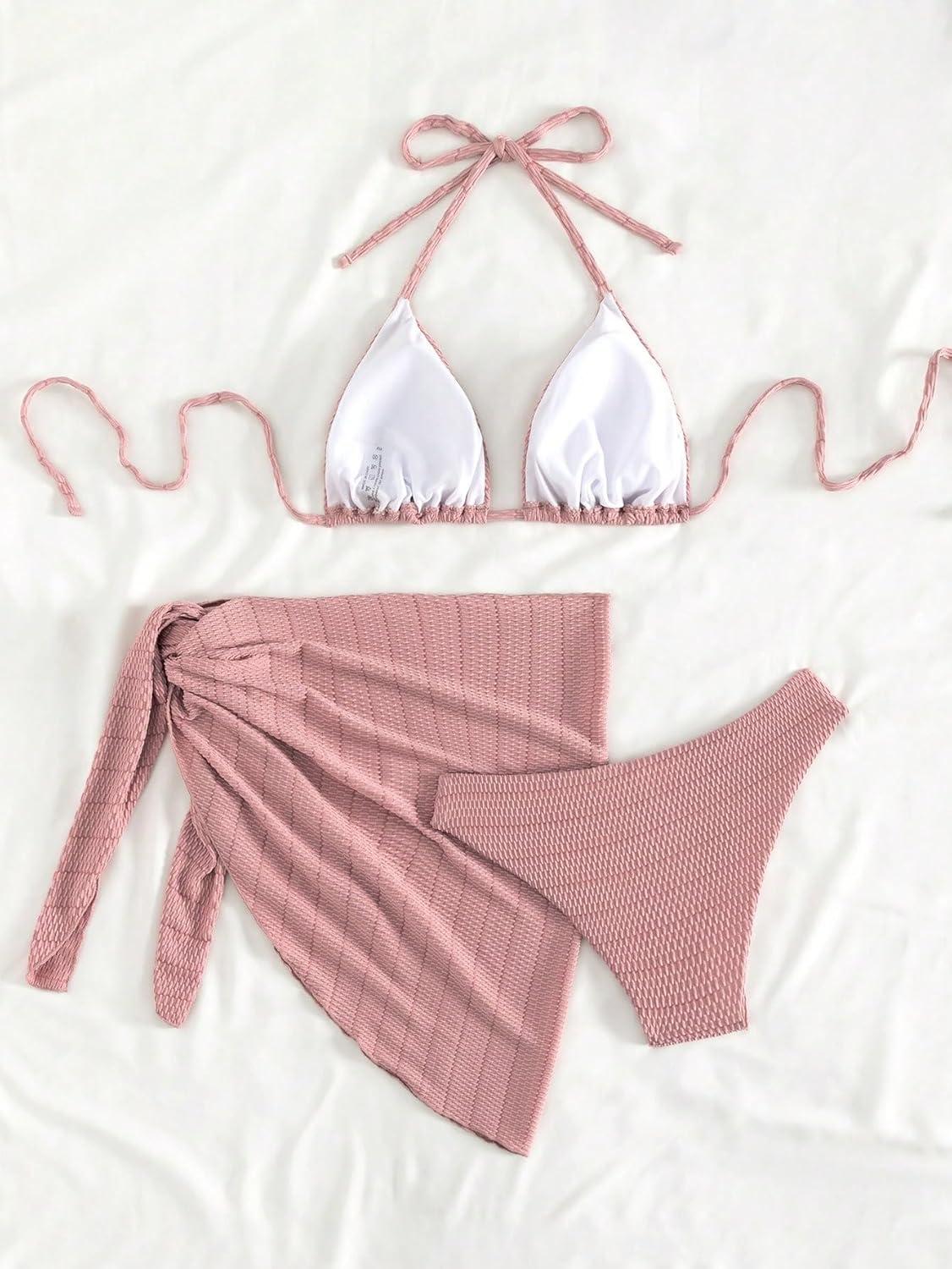 imageSHENHE Womens 3 Piece Textured High Cut Halter Triangle Bikini Swimsuit with Cover UpPlain Pink