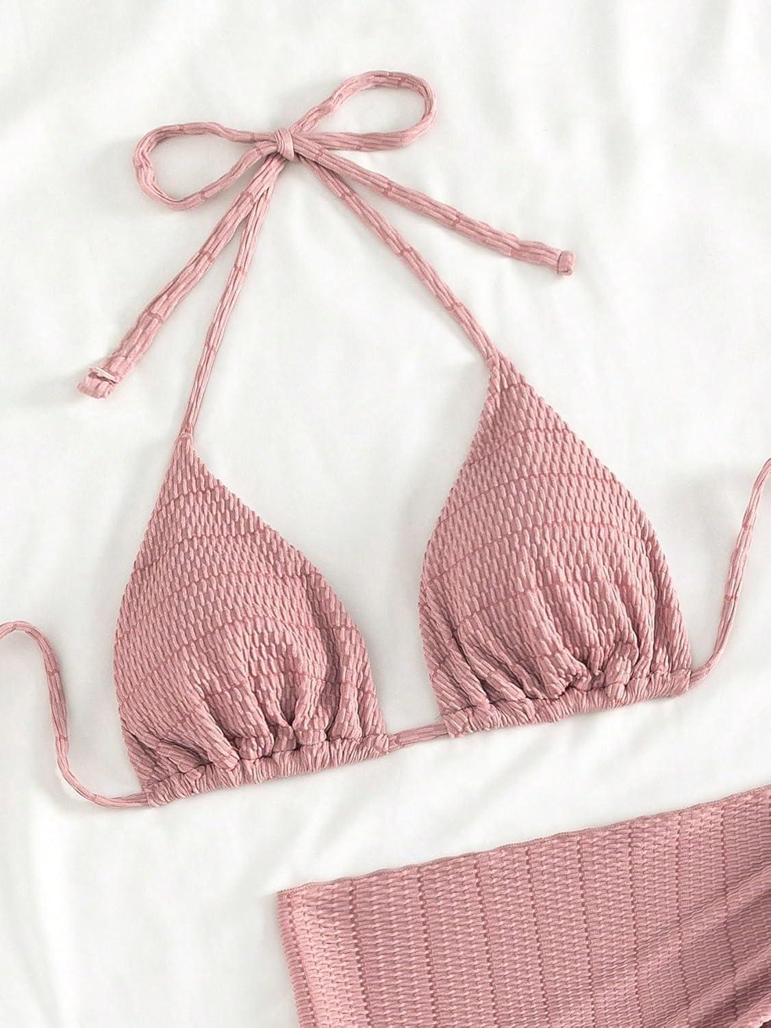 imageSHENHE Womens 3 Piece Textured High Cut Halter Triangle Bikini Swimsuit with Cover UpPlain Pink