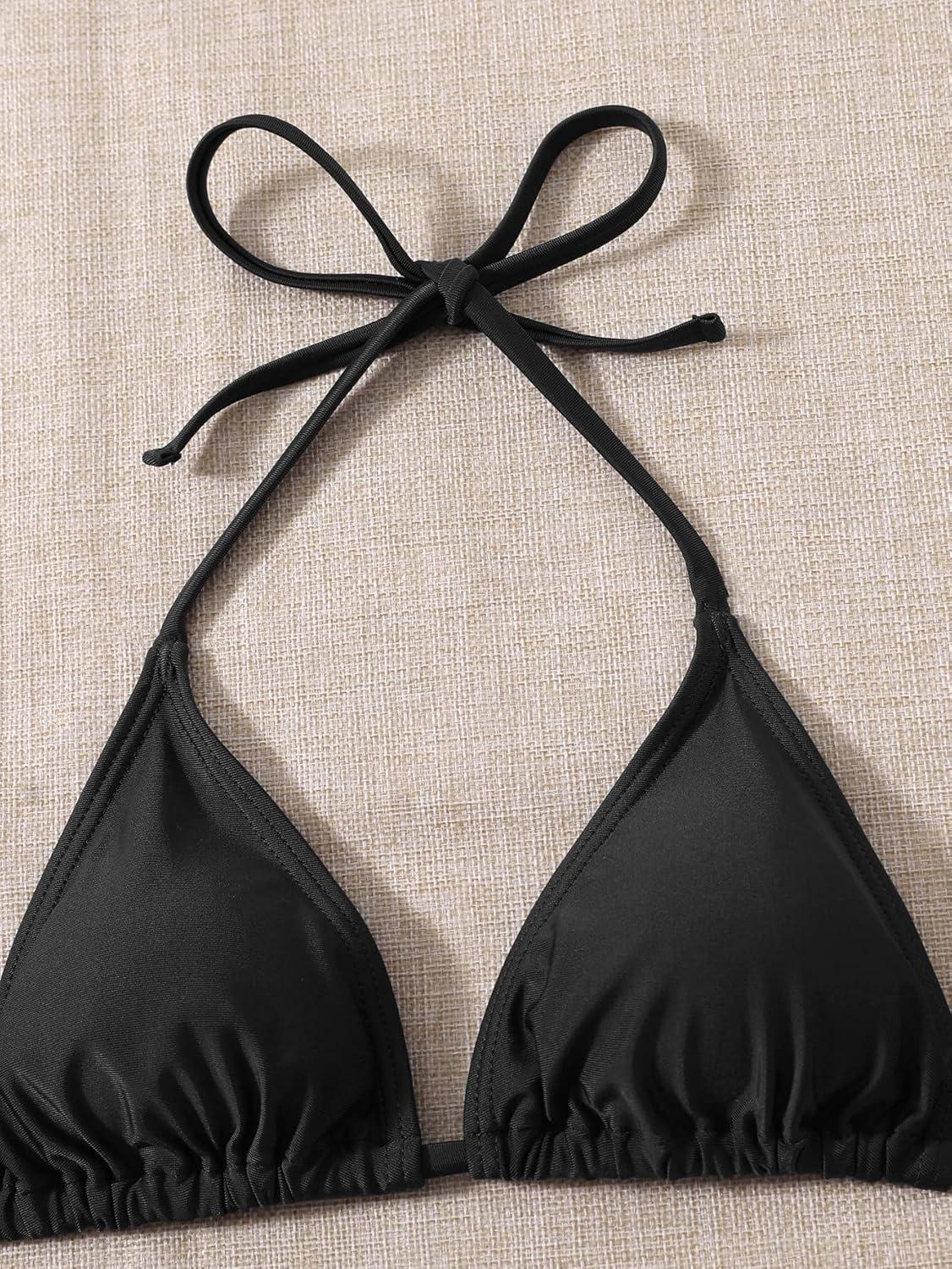 imageSHENHE Womens 3 Piece Textured High Cut Halter Triangle Bikini Swimsuit with Cover UpPlant Print Black