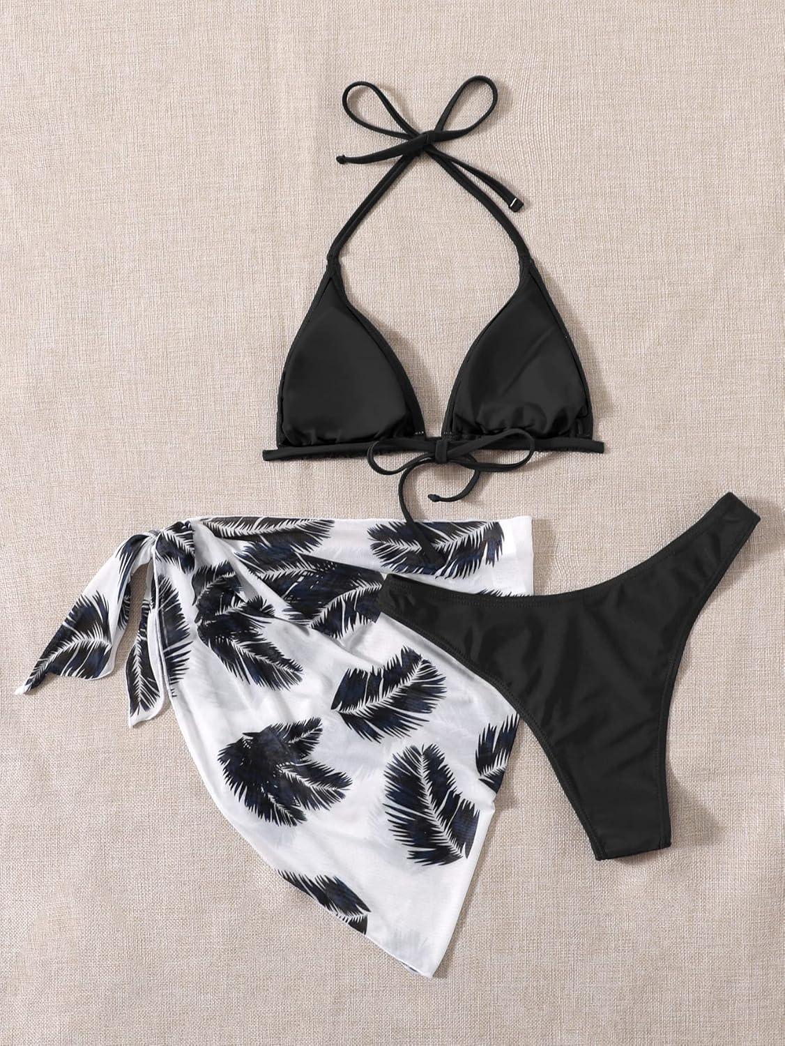 imageSHENHE Womens 3 Piece Textured High Cut Halter Triangle Bikini Swimsuit with Cover UpPlant Print Black