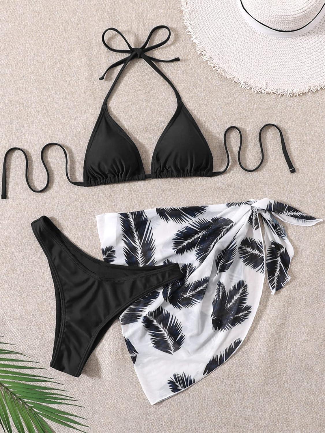 imageSHENHE Womens 3 Piece Textured High Cut Halter Triangle Bikini Swimsuit with Cover UpPlant Print Black