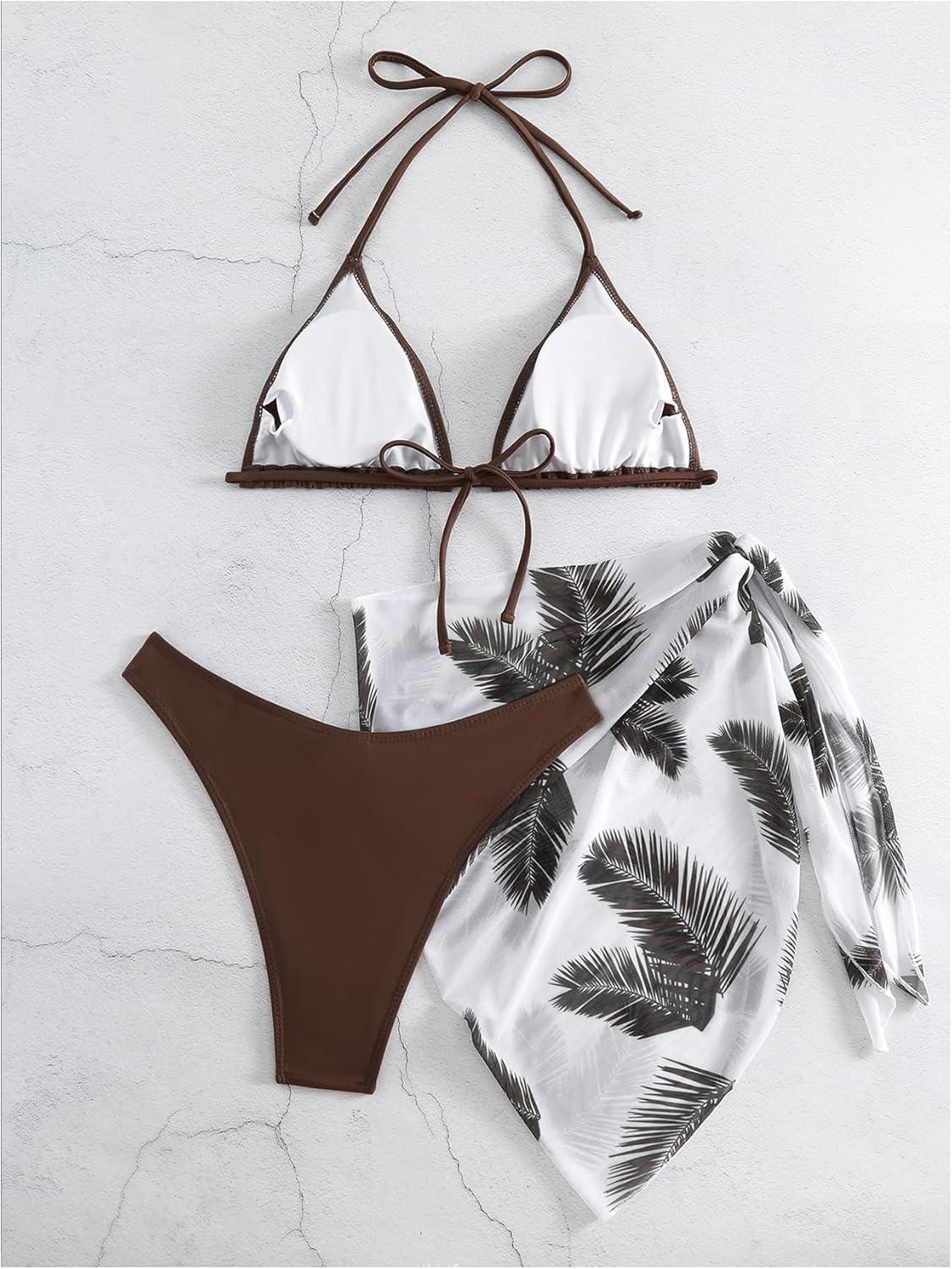 imageSHENHE Womens 3 Piece Textured High Cut Halter Triangle Bikini Swimsuit with Cover UpPlant Print Brown