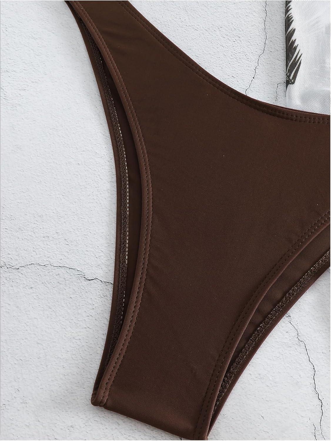 imageSHENHE Womens 3 Piece Textured High Cut Halter Triangle Bikini Swimsuit with Cover UpPlant Print Brown