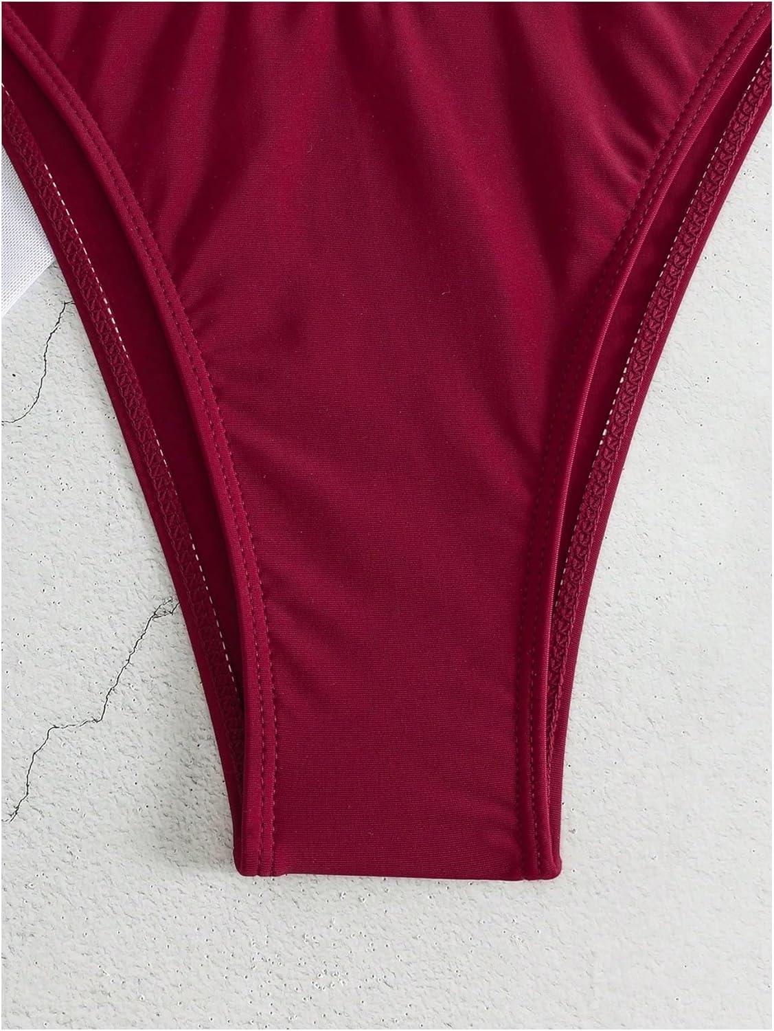 imageSHENHE Womens 3 Piece Textured High Cut Halter Triangle Bikini Swimsuit with Cover UpPlant Print Burgundy