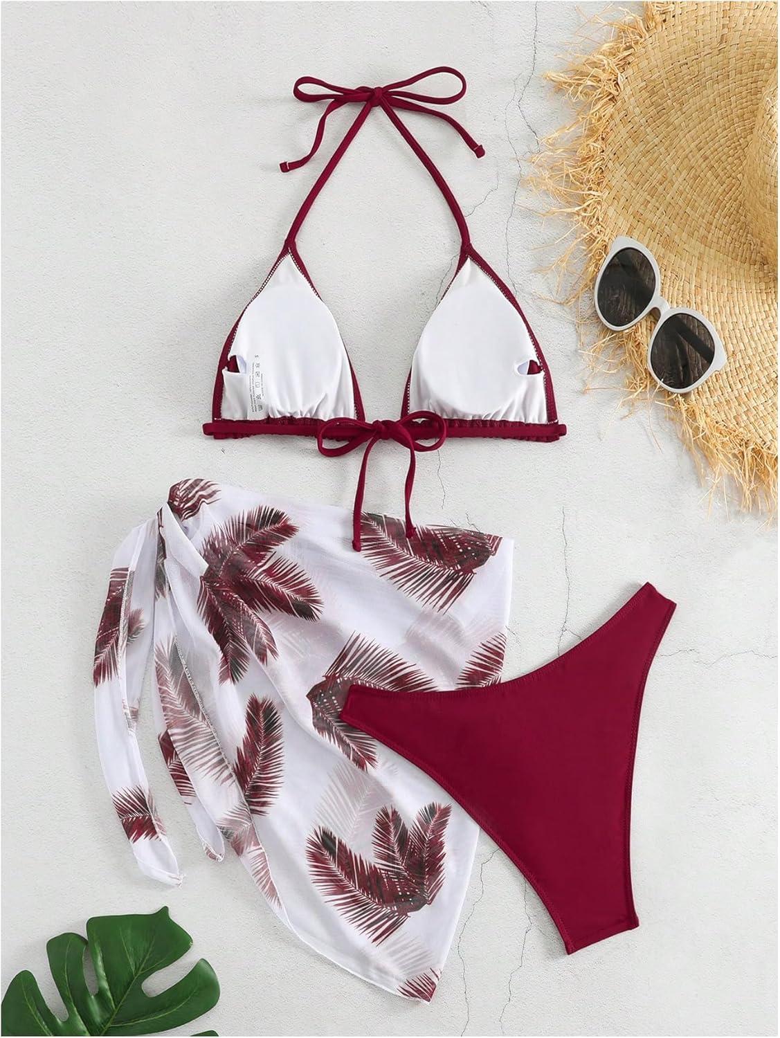 imageSHENHE Womens 3 Piece Textured High Cut Halter Triangle Bikini Swimsuit with Cover UpPlant Print Burgundy