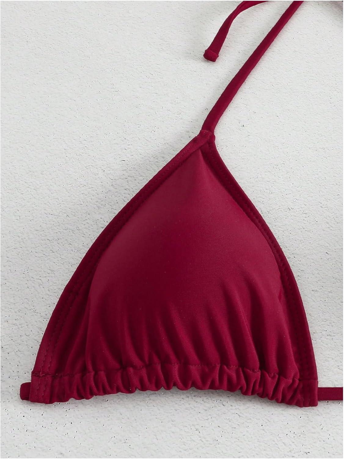 imageSHENHE Womens 3 Piece Textured High Cut Halter Triangle Bikini Swimsuit with Cover UpPlant Print Burgundy