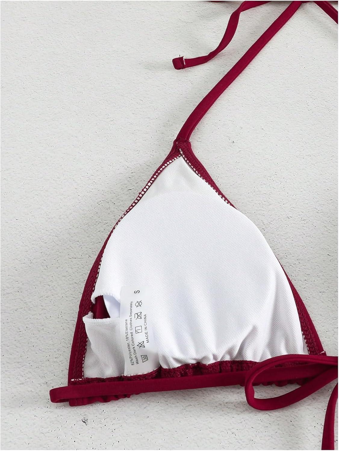 imageSHENHE Womens 3 Piece Textured High Cut Halter Triangle Bikini Swimsuit with Cover UpPlant Print Burgundy