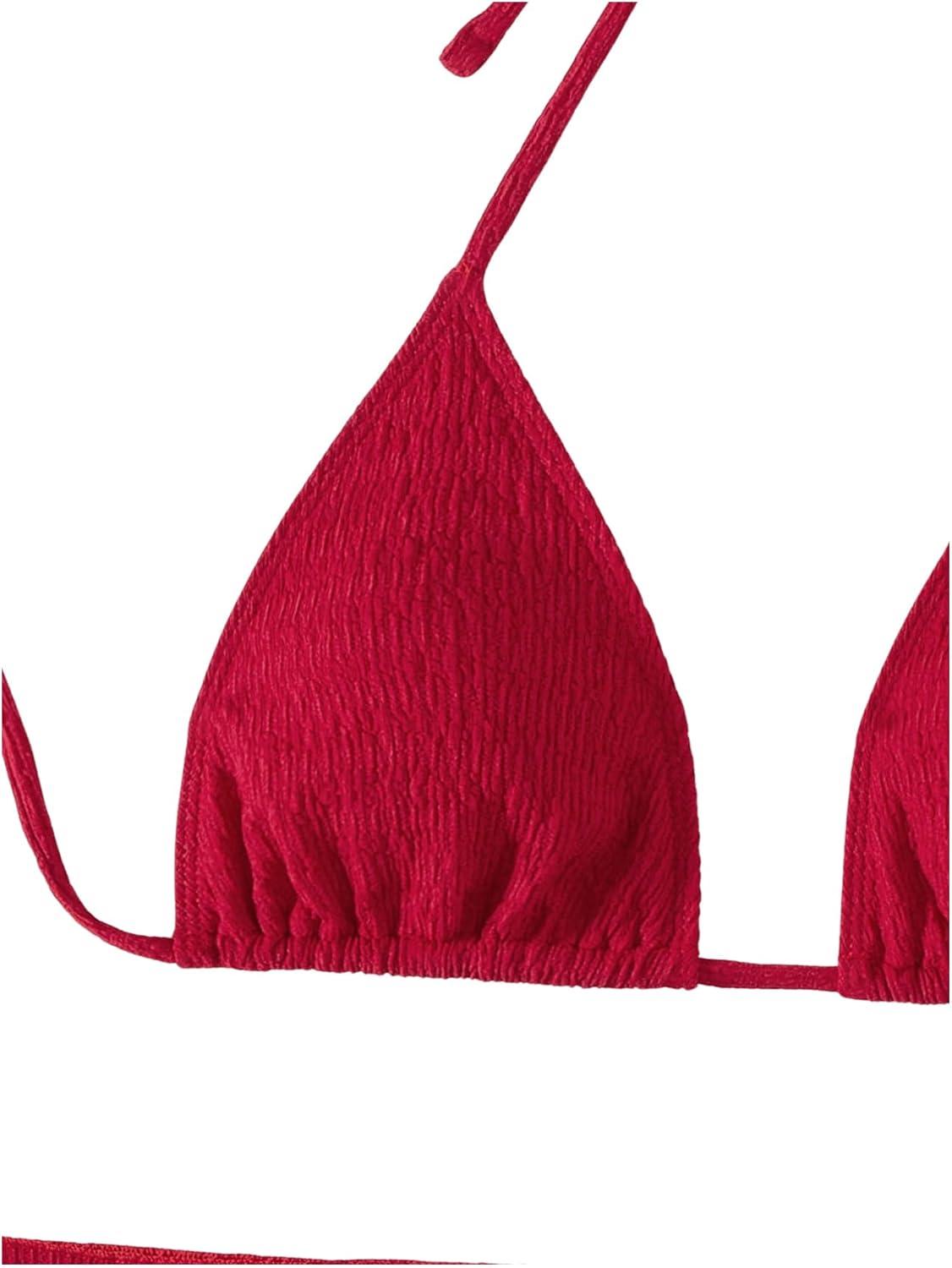 imageSHENHE Womens 3 Piece Textured High Cut Halter Triangle Bikini Swimsuit with Cover UpRed