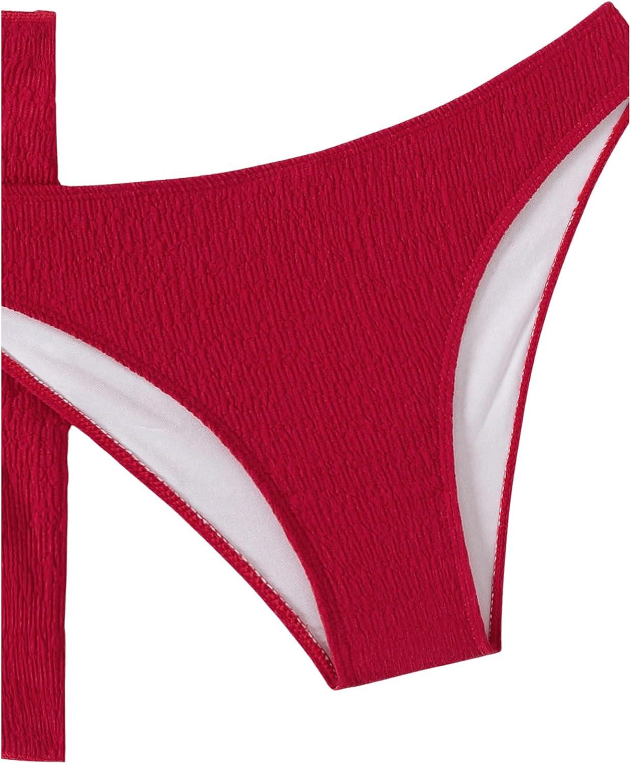 imageSHENHE Womens 3 Piece Textured High Cut Halter Triangle Bikini Swimsuit with Cover UpRed