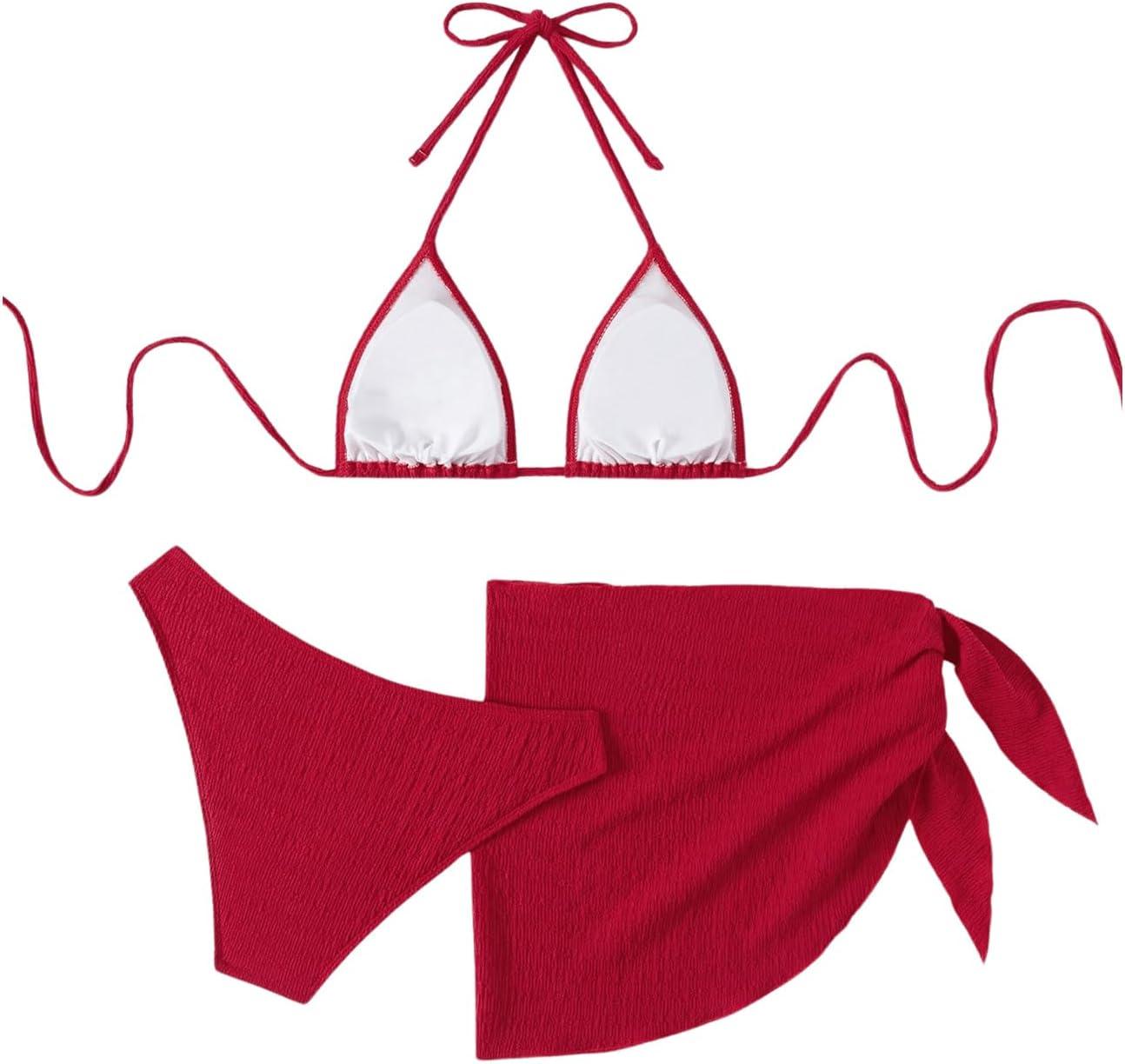 imageSHENHE Womens 3 Piece Textured High Cut Halter Triangle Bikini Swimsuit with Cover UpRed
