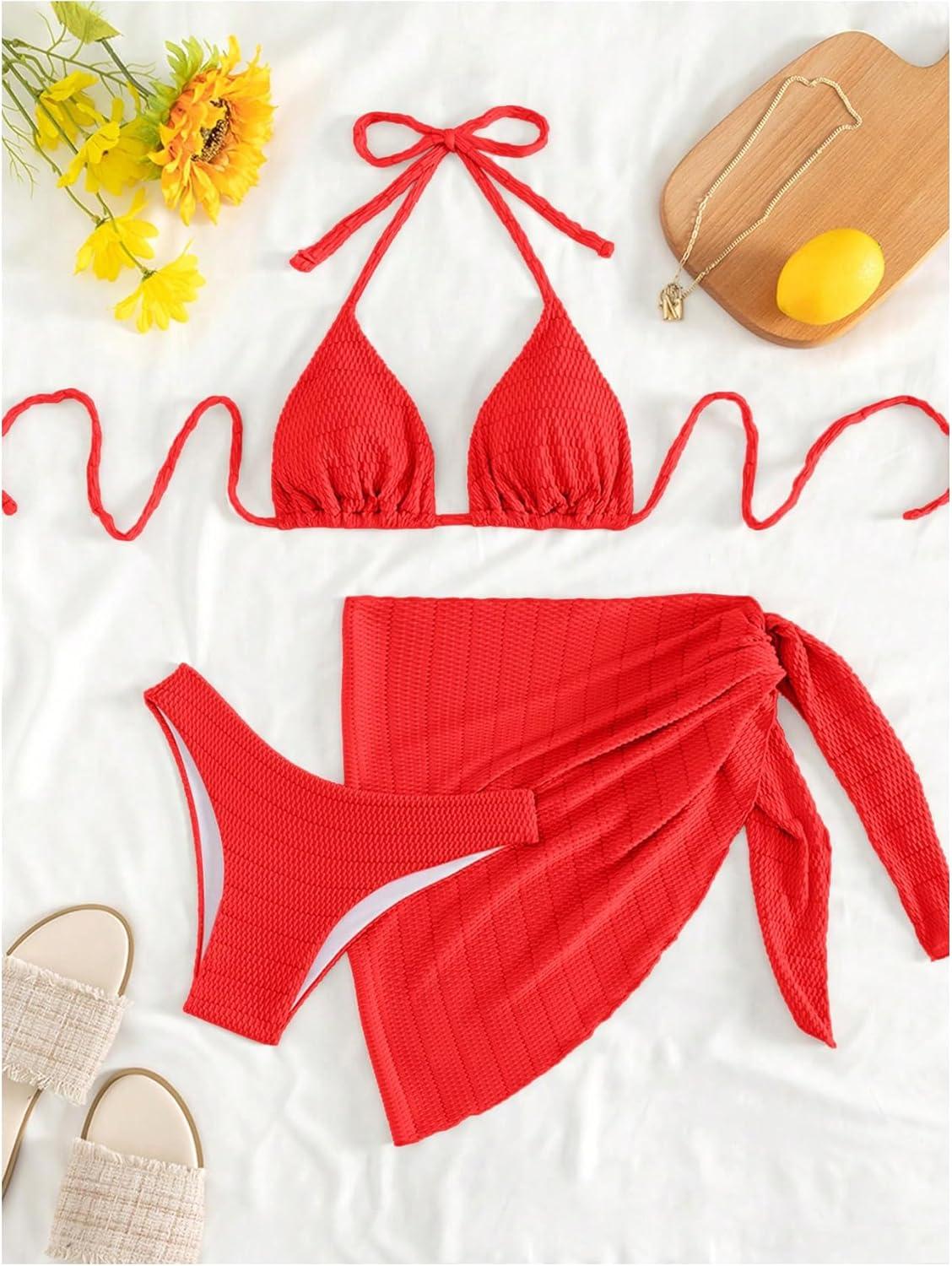 imageSHENHE Womens 3 Piece Textured High Cut Halter Triangle Bikini Swimsuit with Cover UpRed a