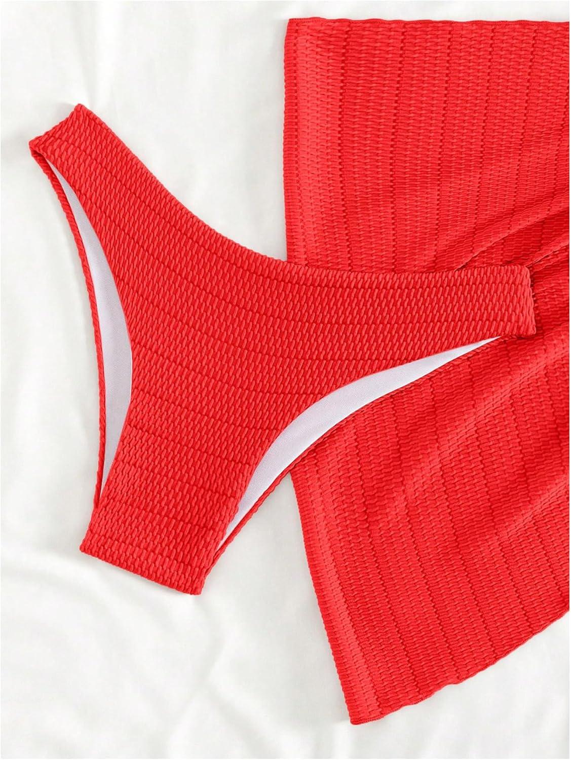 imageSHENHE Womens 3 Piece Textured High Cut Halter Triangle Bikini Swimsuit with Cover UpRed a