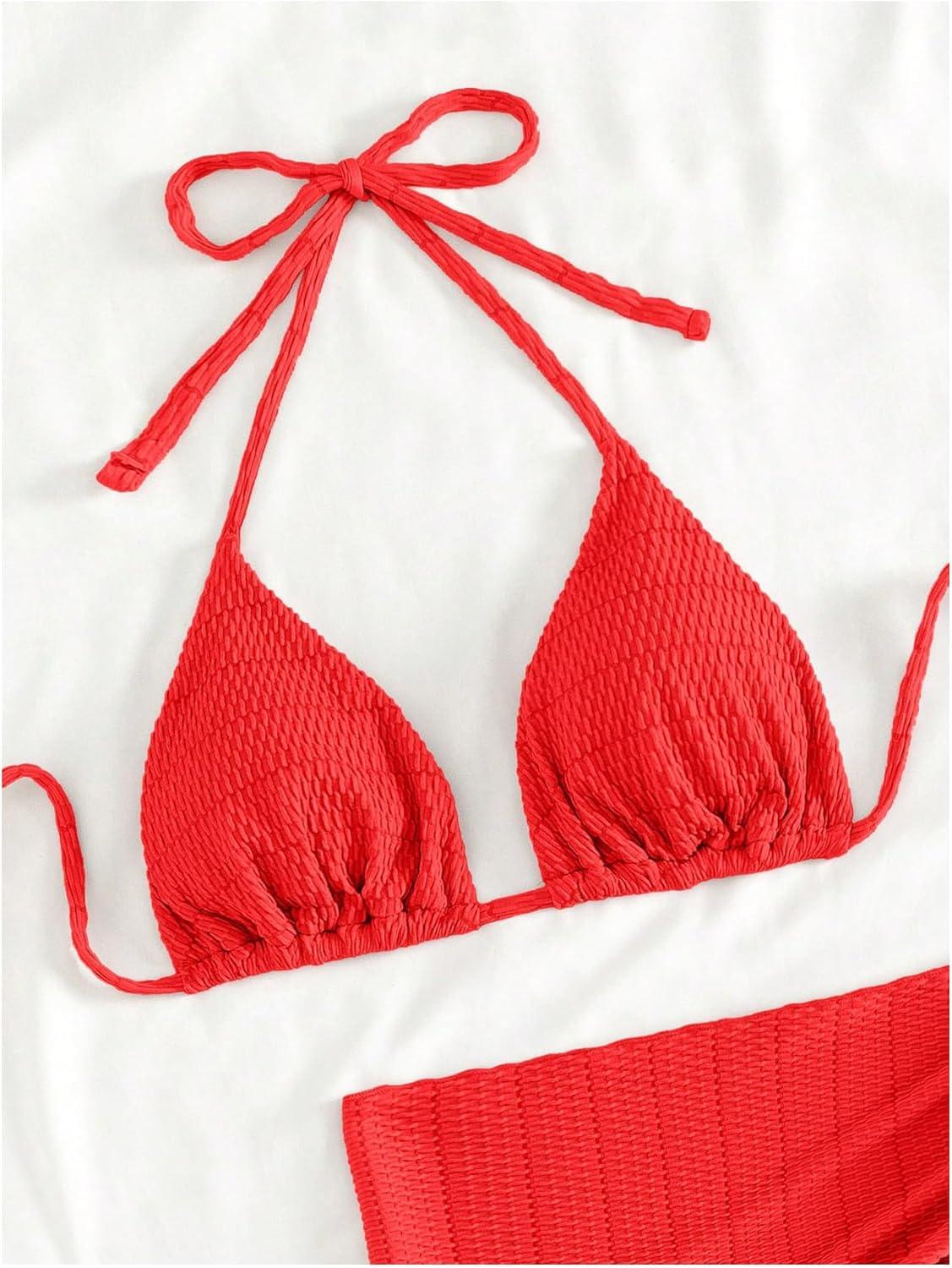 imageSHENHE Womens 3 Piece Textured High Cut Halter Triangle Bikini Swimsuit with Cover UpRed a