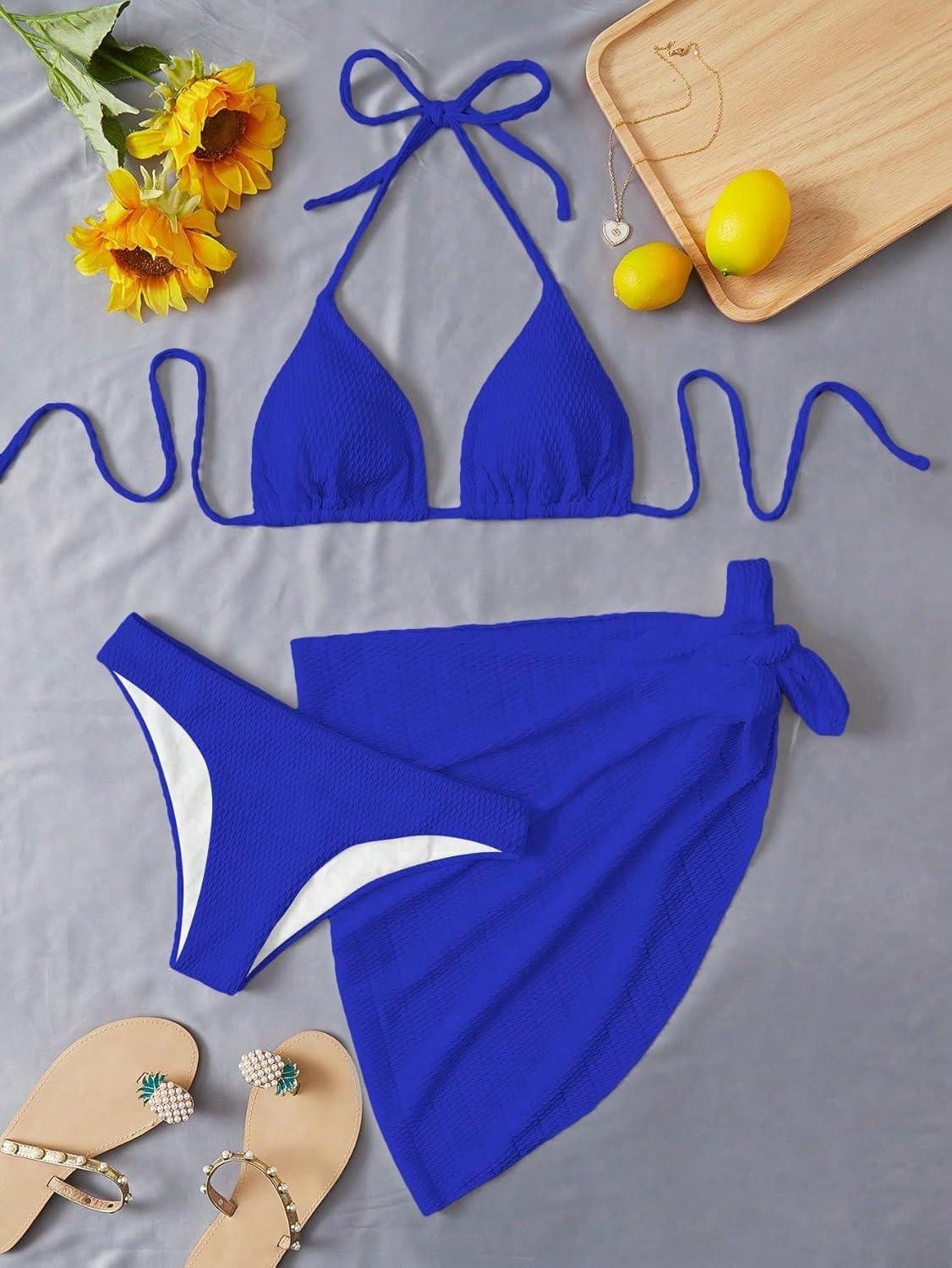 imageSHENHE Womens 3 Piece Textured High Cut Halter Triangle Bikini Swimsuit with Cover UpRoyal Blue