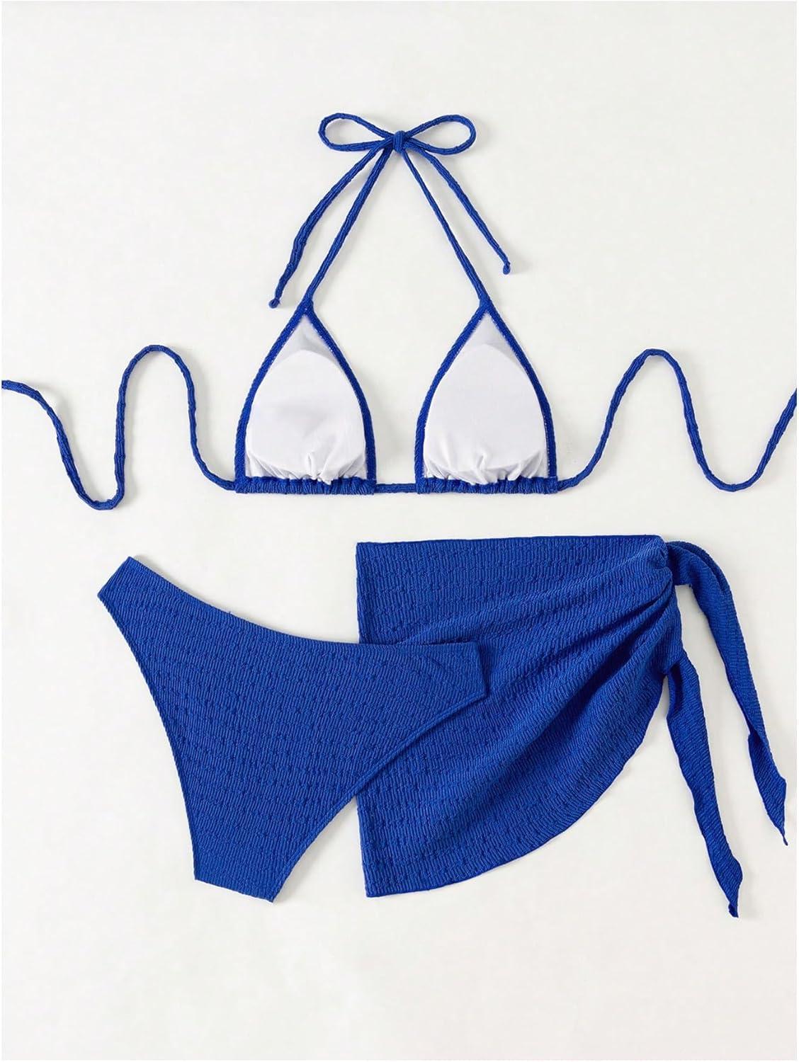 imageSHENHE Womens 3 Piece Textured High Cut Halter Triangle Bikini Swimsuit with Cover UpRoyal Blue a