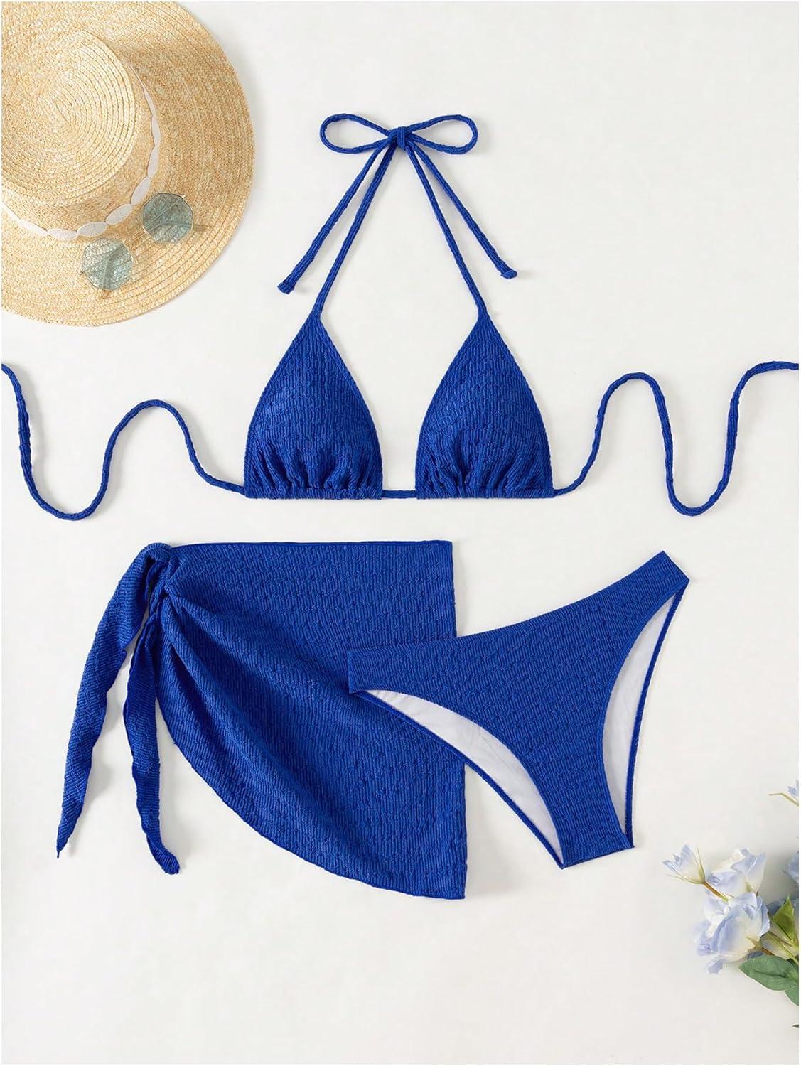 imageSHENHE Womens 3 Piece Textured High Cut Halter Triangle Bikini Swimsuit with Cover UpRoyal Blue a