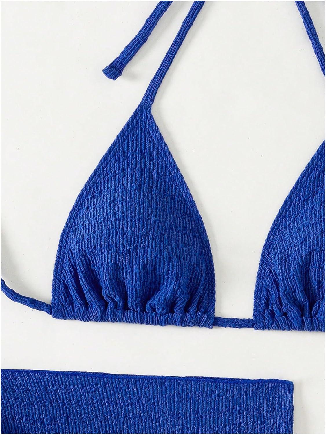 imageSHENHE Womens 3 Piece Textured High Cut Halter Triangle Bikini Swimsuit with Cover UpRoyal Blue a