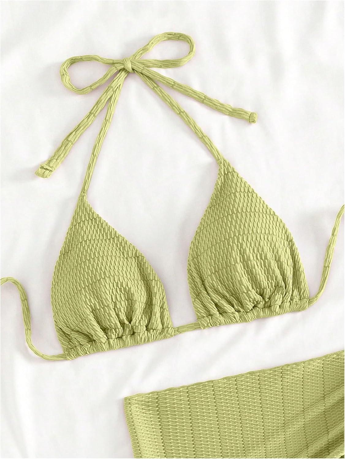 imageSHENHE Womens 3 Piece Textured High Cut Halter Triangle Bikini Swimsuit with Cover UpSage Green