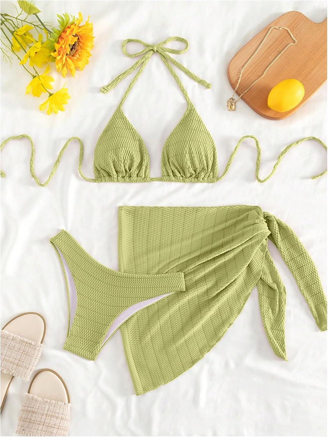 imageSHENHE Womens 3 Piece Textured High Cut Halter Triangle Bikini Swimsuit with Cover UpSage Green