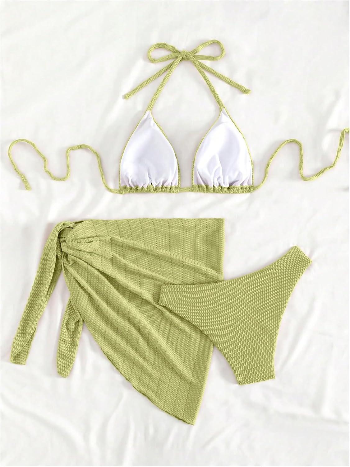 imageSHENHE Womens 3 Piece Textured High Cut Halter Triangle Bikini Swimsuit with Cover UpSage Green