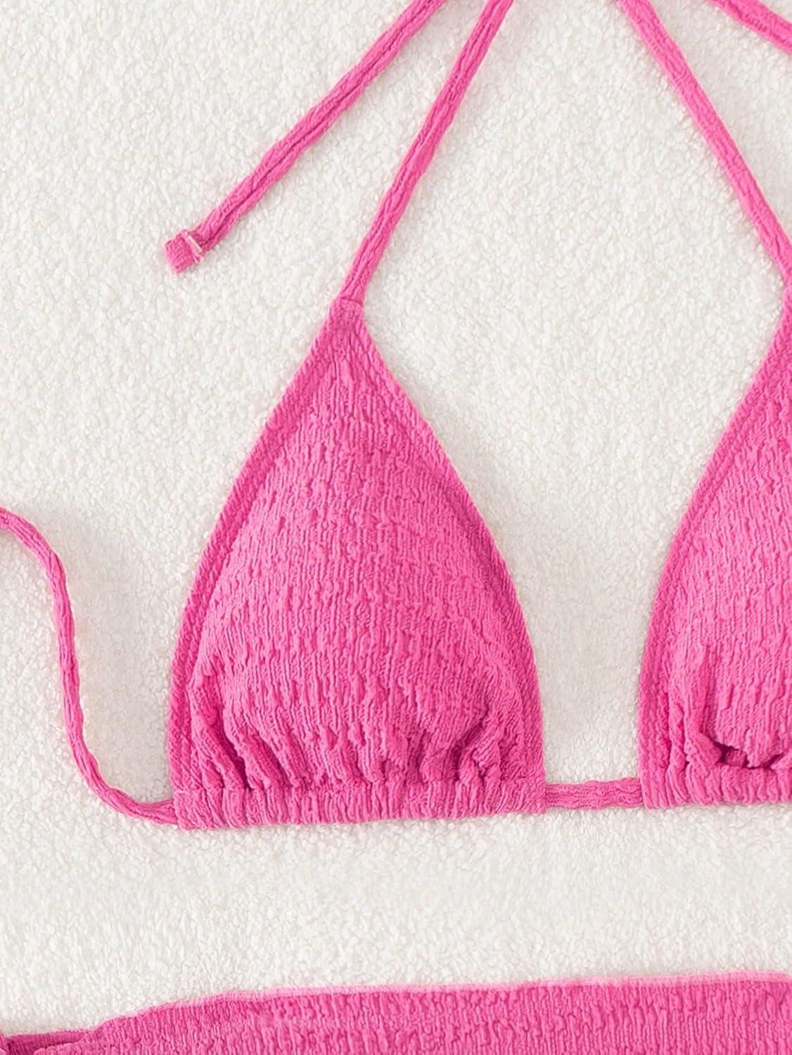 imageSHENHE Womens 3 Piece Textured High Cut Halter Triangle Bikini Swimsuit with Cover UpSolid Hot Pink