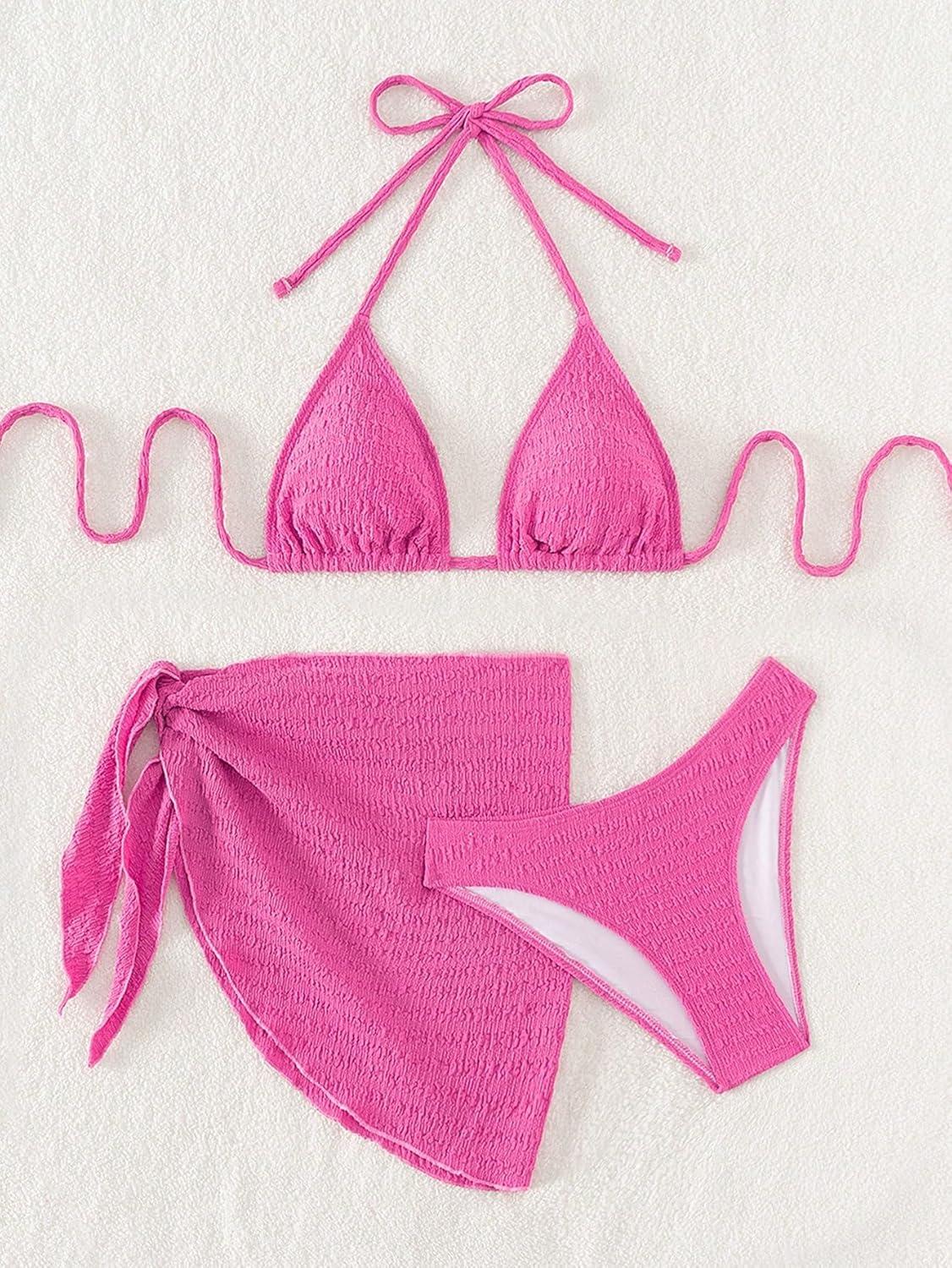 imageSHENHE Womens 3 Piece Textured High Cut Halter Triangle Bikini Swimsuit with Cover UpSolid Hot Pink