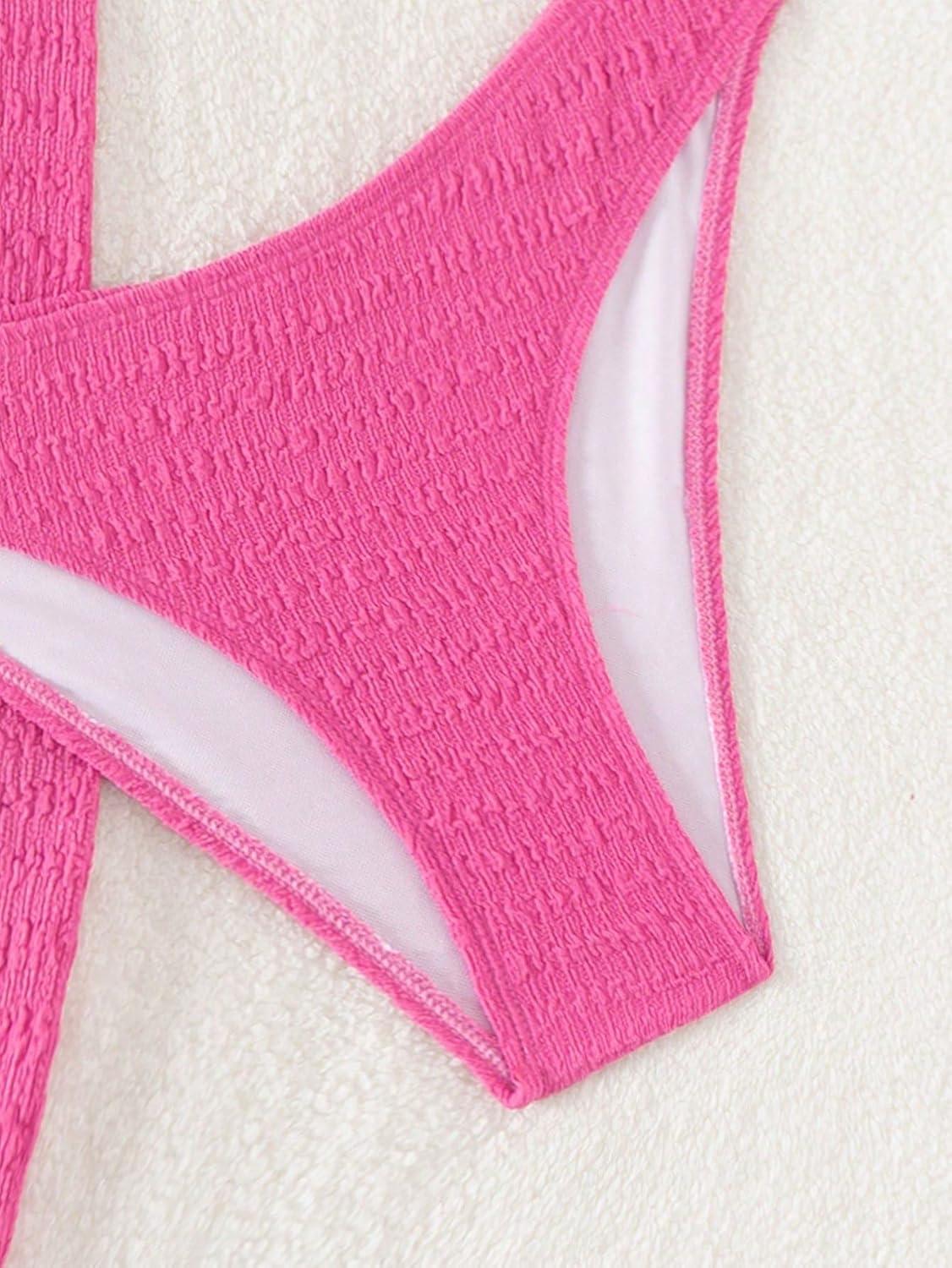 imageSHENHE Womens 3 Piece Textured High Cut Halter Triangle Bikini Swimsuit with Cover UpSolid Hot Pink