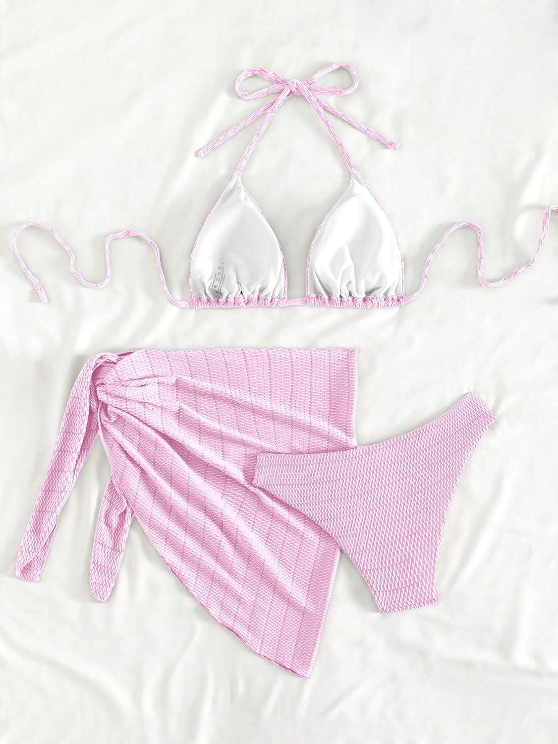 imageSHENHE Womens 3 Piece Textured High Cut Halter Triangle Bikini Swimsuit with Cover UpSolid Pink
