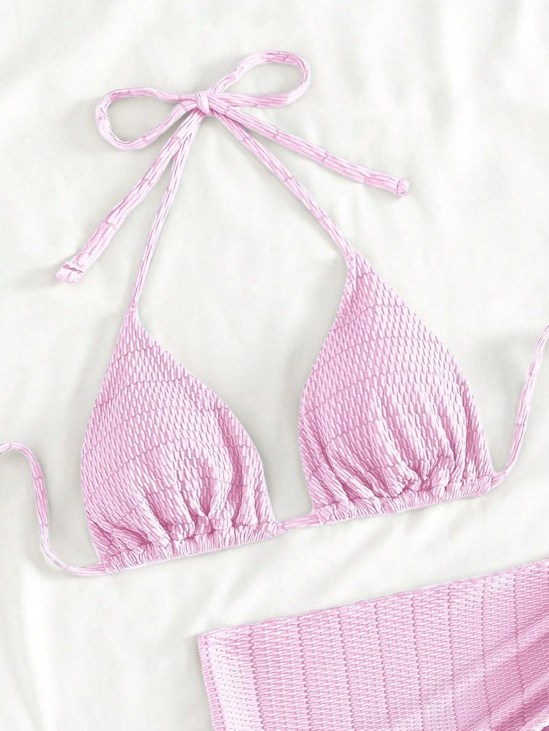 imageSHENHE Womens 3 Piece Textured High Cut Halter Triangle Bikini Swimsuit with Cover UpSolid Pink