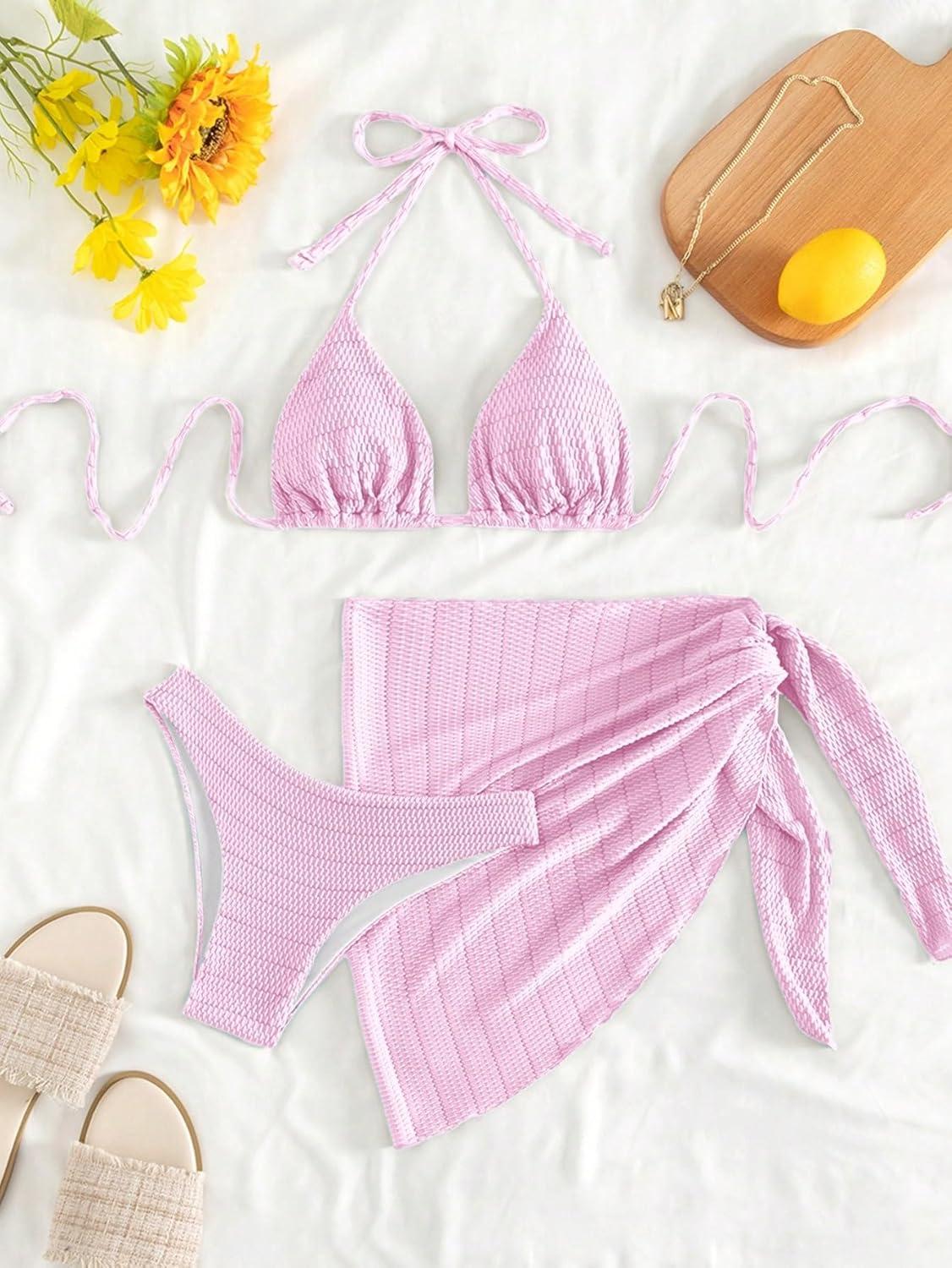 imageSHENHE Womens 3 Piece Textured High Cut Halter Triangle Bikini Swimsuit with Cover UpSolid Pink