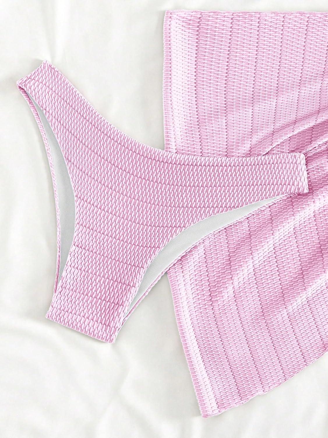 imageSHENHE Womens 3 Piece Textured High Cut Halter Triangle Bikini Swimsuit with Cover UpSolid Pink