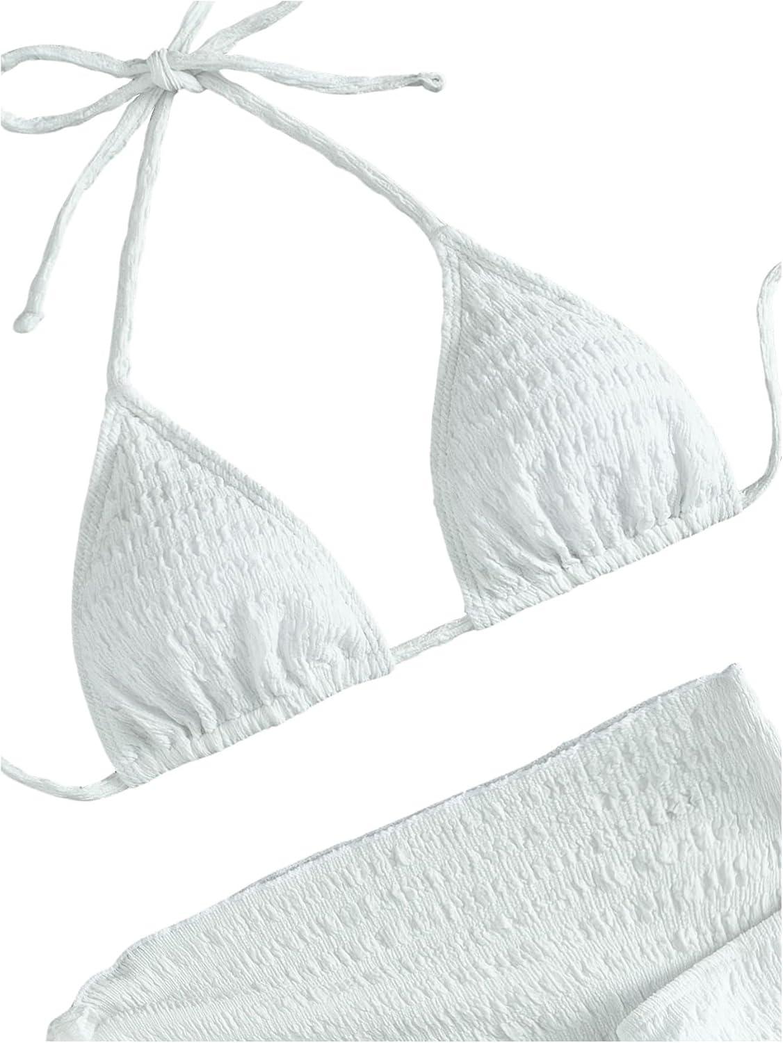 imageSHENHE Womens 3 Piece Textured High Cut Halter Triangle Bikini Swimsuit with Cover UpWhite