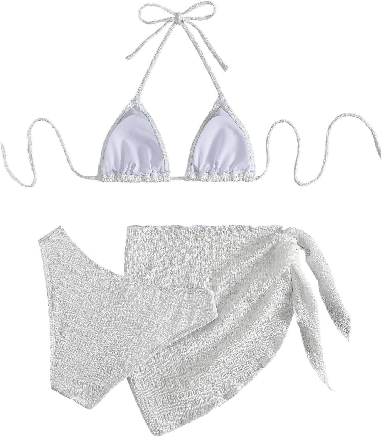 imageSHENHE Womens 3 Piece Textured High Cut Halter Triangle Bikini Swimsuit with Cover UpWhite
