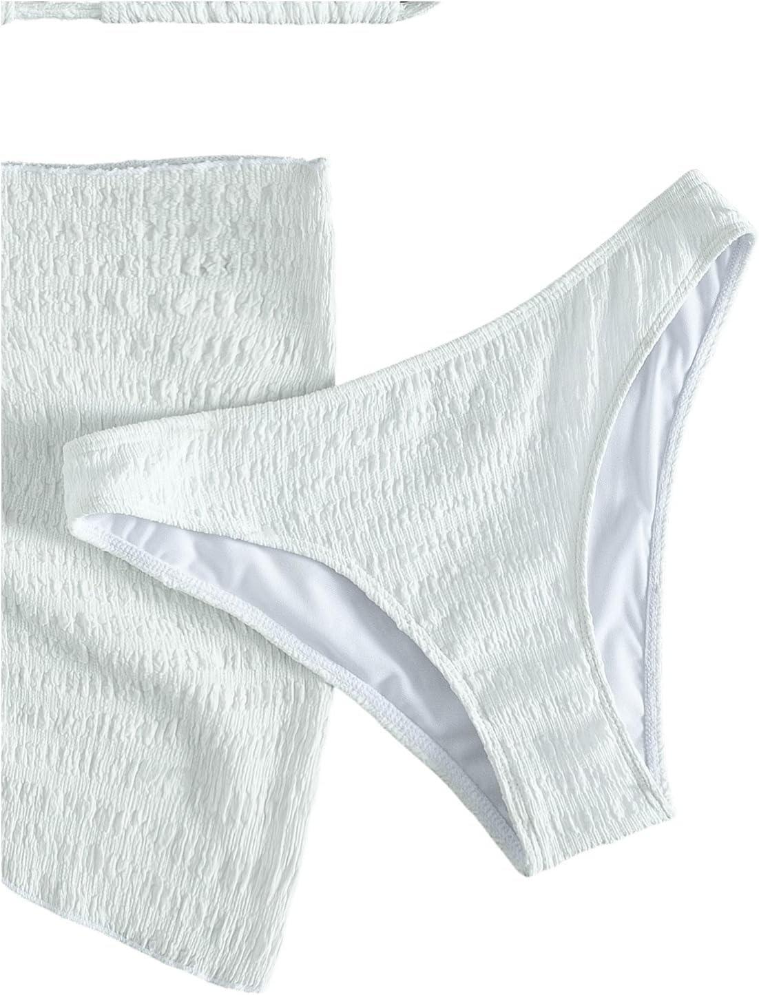 imageSHENHE Womens 3 Piece Textured High Cut Halter Triangle Bikini Swimsuit with Cover UpWhite