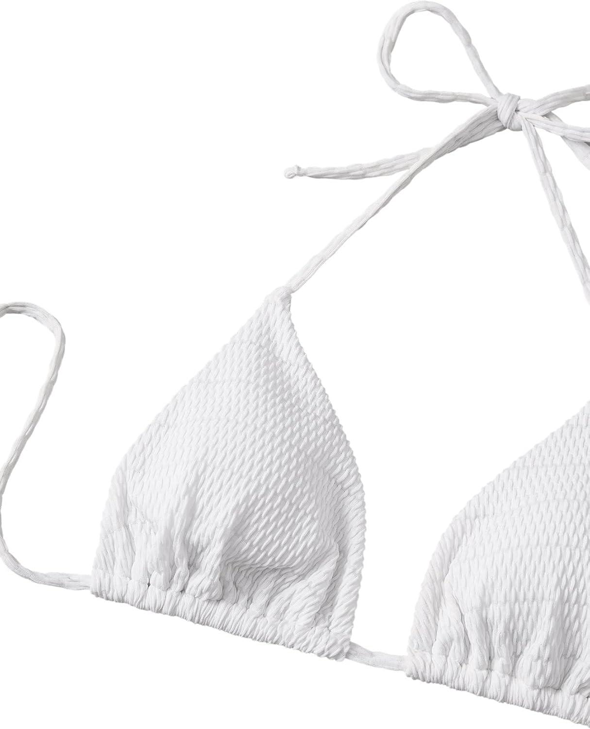 imageSHENHE Womens 3 Piece Textured High Cut Halter Triangle Bikini Swimsuit with Cover UpWhite Plain