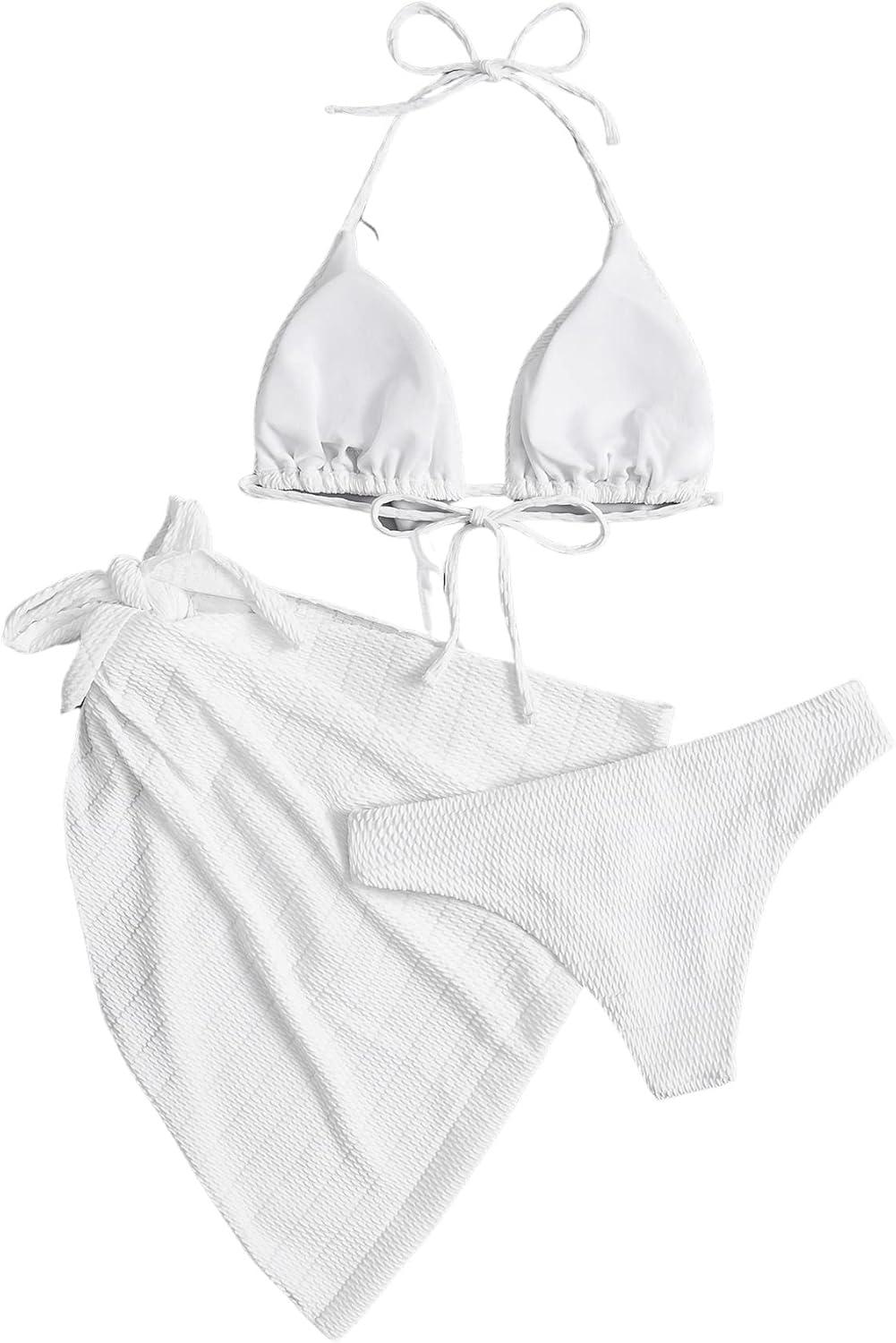 imageSHENHE Womens 3 Piece Textured High Cut Halter Triangle Bikini Swimsuit with Cover UpWhite Plain