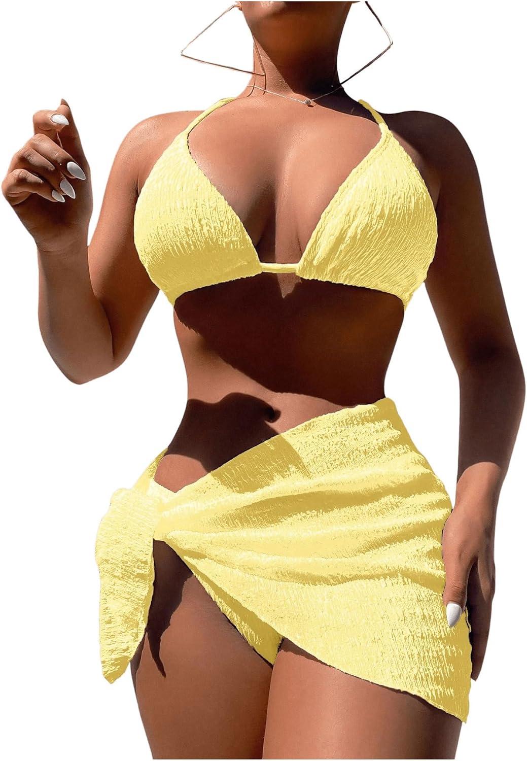 imageSHENHE Womens 3 Piece Textured High Cut Halter Triangle Bikini Swimsuit with Cover UpYellow Plain