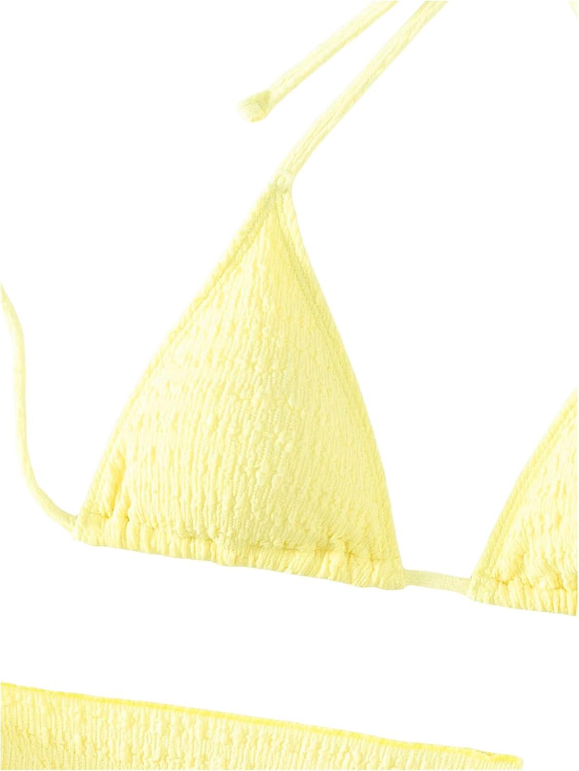 imageSHENHE Womens 3 Piece Textured High Cut Halter Triangle Bikini Swimsuit with Cover UpYellow Plain