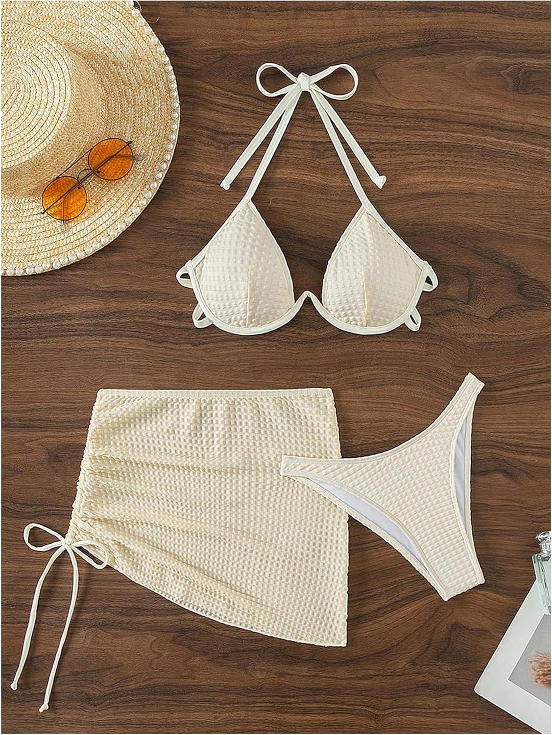 imageSHENHE Womens 3 Piece Underwired Swimsuit Halter String High Cut Bikini Set with Cover Up Skirt