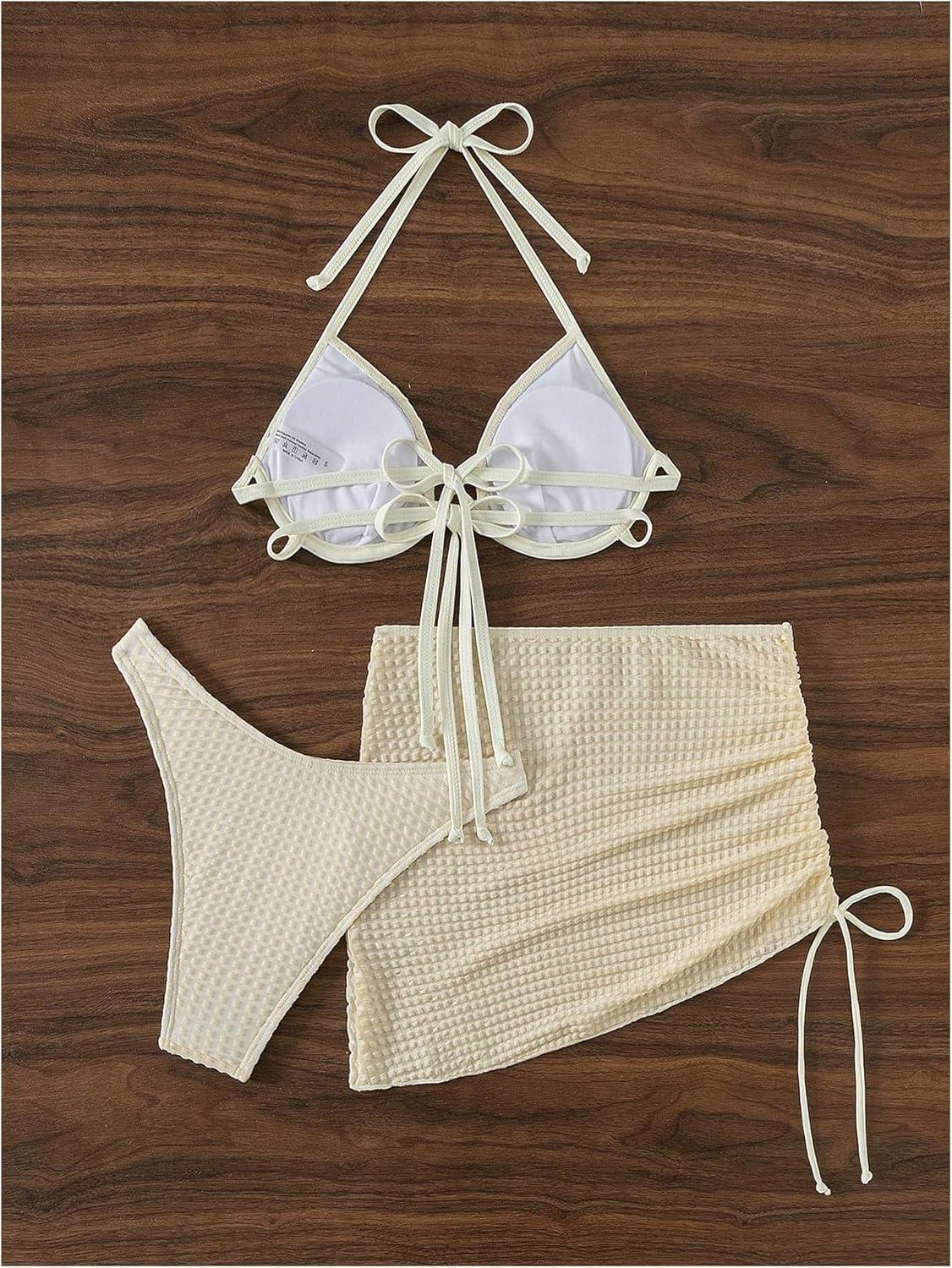 imageSHENHE Womens 3 Piece Underwired Swimsuit Halter String High Cut Bikini Set with Cover Up Skirt